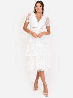 Maya Deluxe Embroidered Puff Sleeve Tiered Midi Dress, White - view 2, White