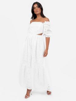 Maya Deluxe Broderie Anglaise Puff Sleeve Bardot Maxi Dress, White, White
