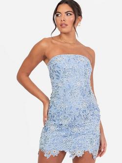 Maya Deluxe Floral Textured Strapless Mini Prom Dress, Blue - view 2, Blue