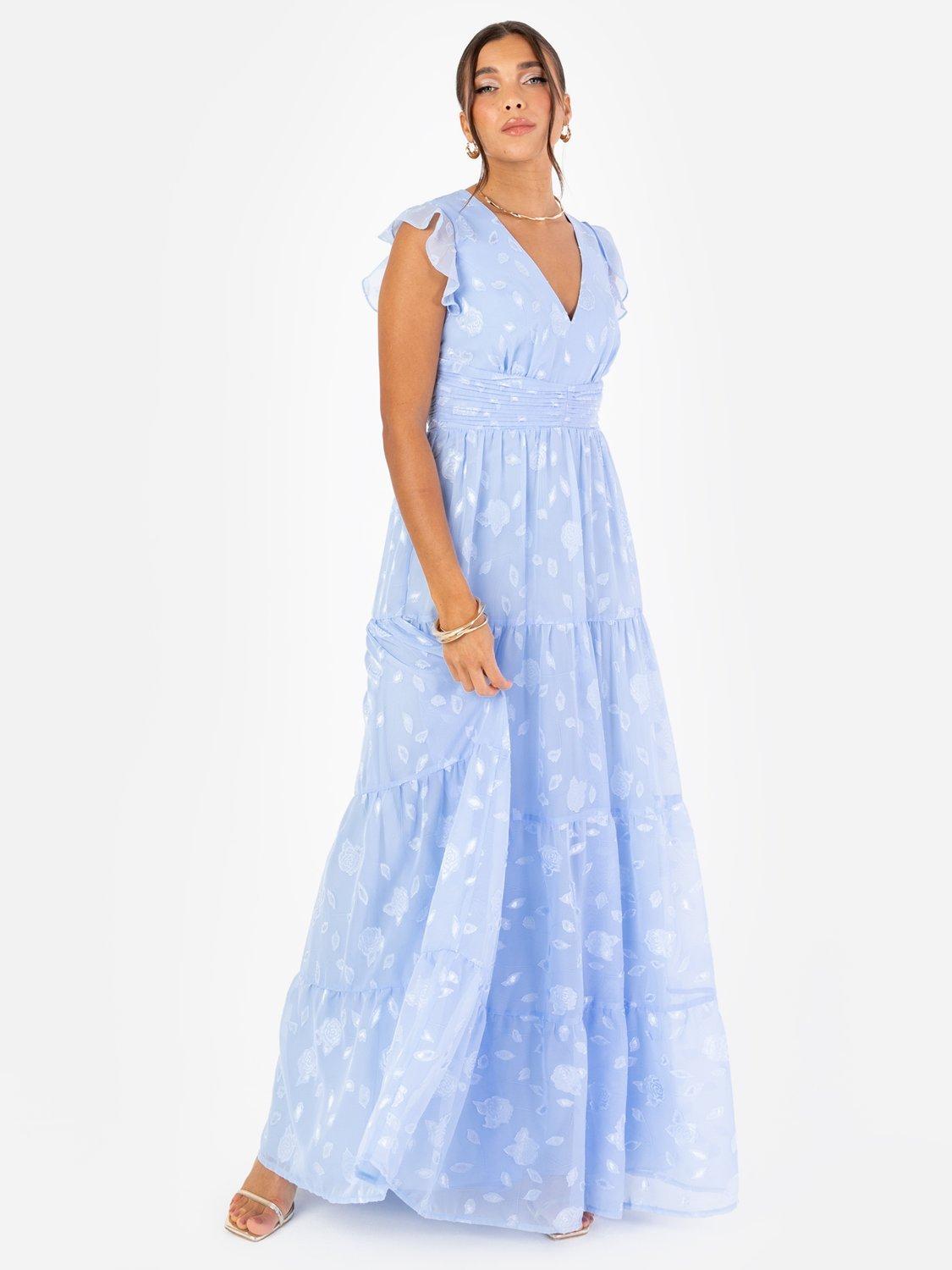 Product image 1 of 11, which shows Maya Deluxe Floral Flutter Sleeve V-Neck Maxi Dress, Light Blue, 6