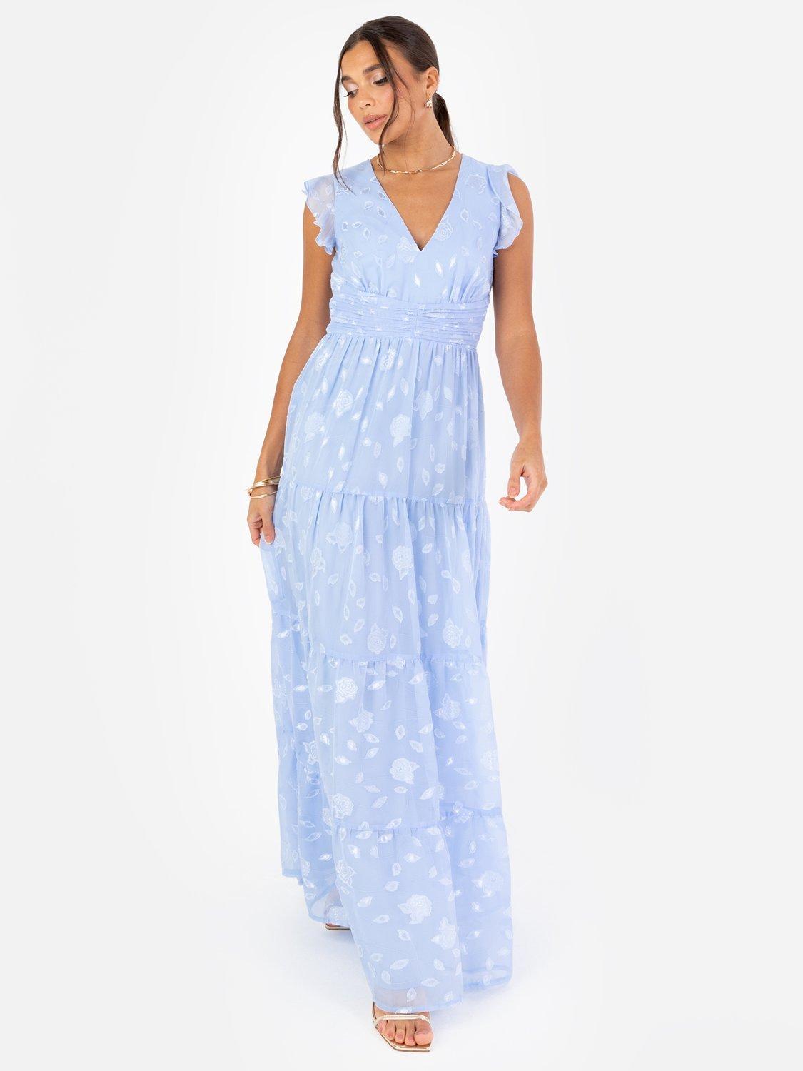Product image 5 of 11, which shows Maya Deluxe Floral Flutter Sleeve V-Neck Maxi Dress, Light Blue, 6