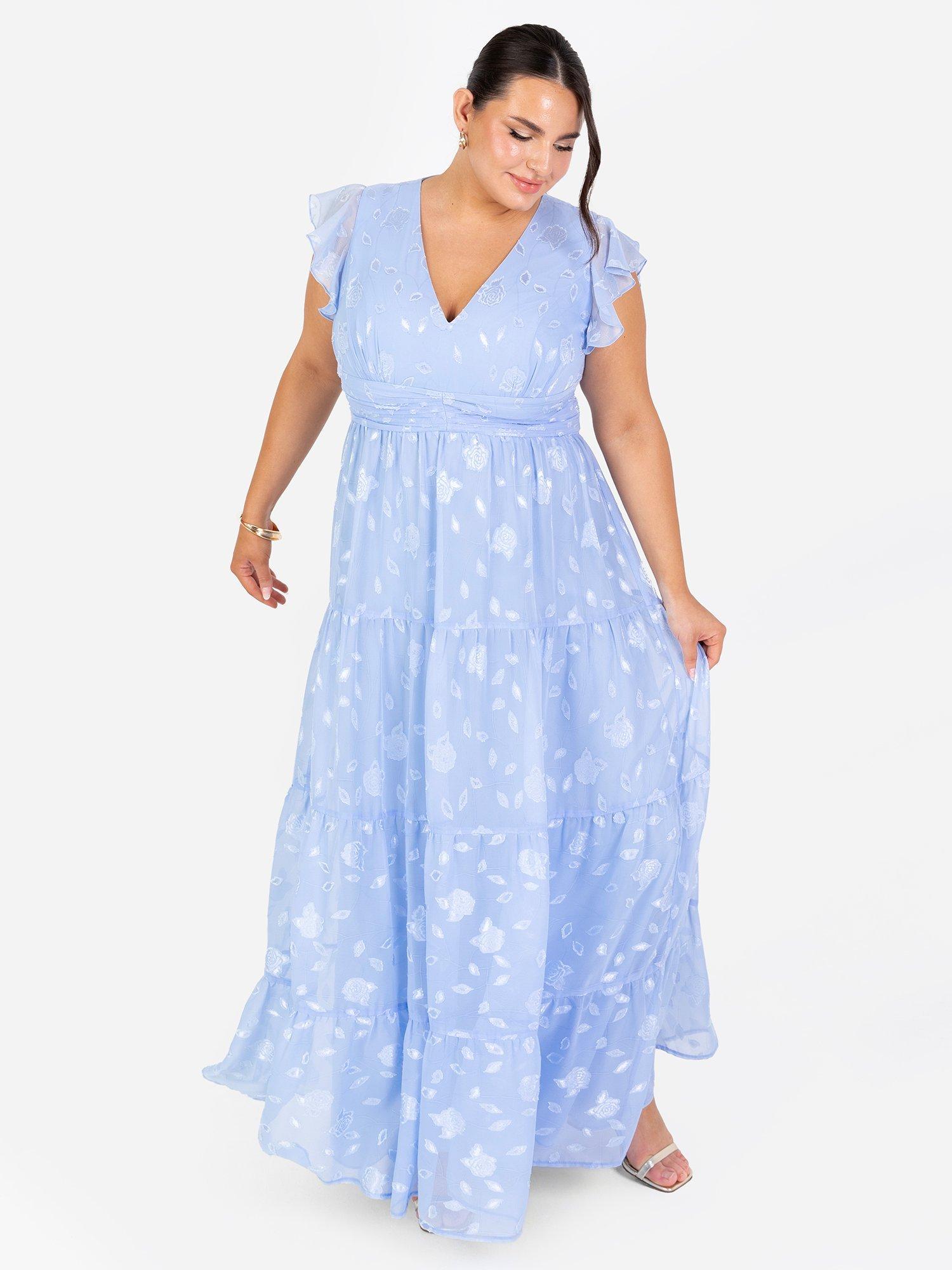 Product image 8 of 11, which shows Maya Deluxe Floral Flutter Sleeve V-Neck Maxi Dress, Light Blue, 6
