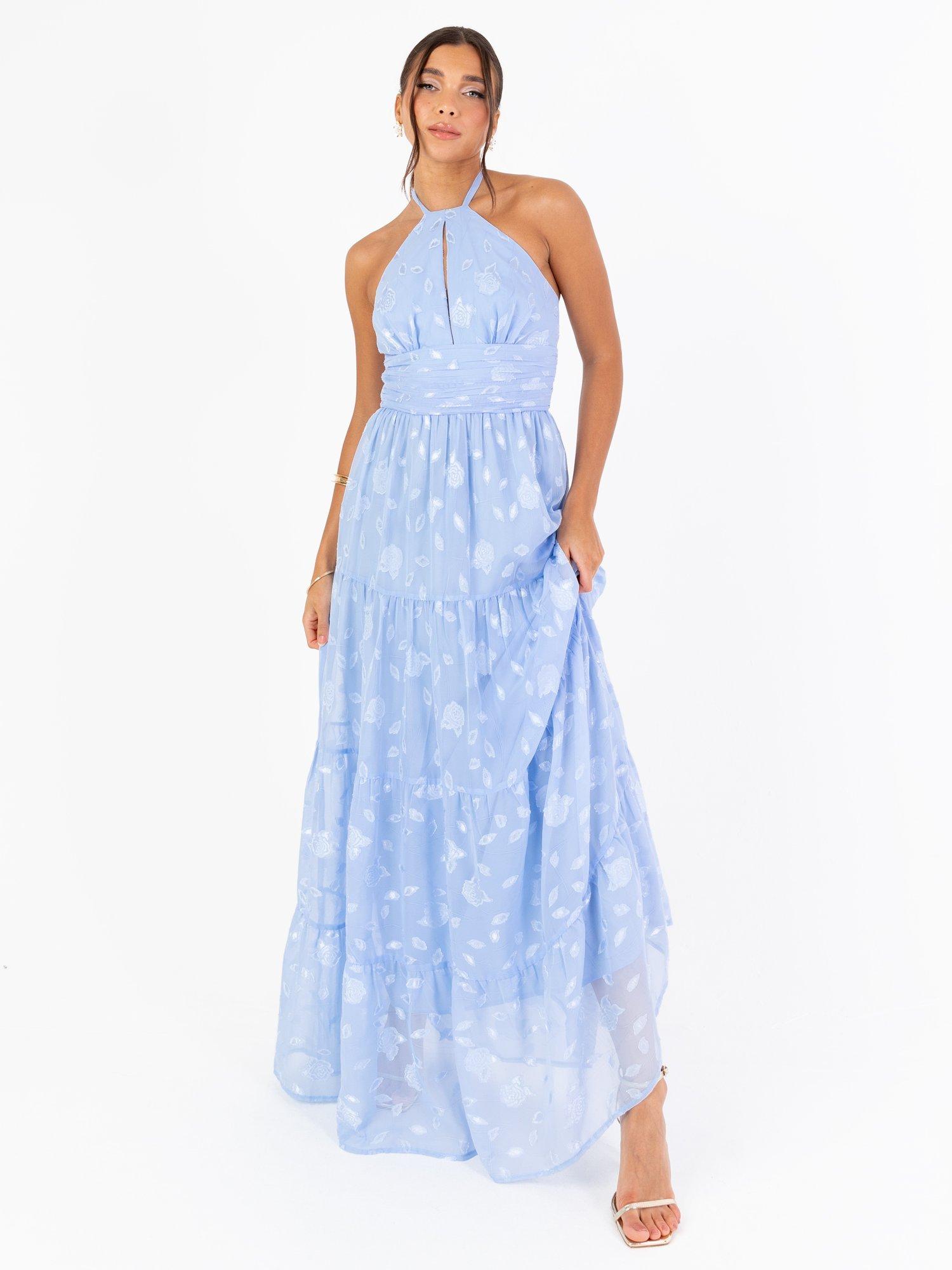 Product image 1 of 7, which shows Maya Deluxe Floral Halterneck Tiered Maxi Dress, Light Blue, 6