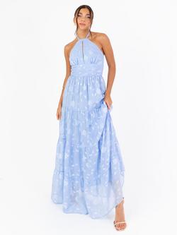 Maya Deluxe Floral Halterneck Tiered Maxi Dress, Light Blue