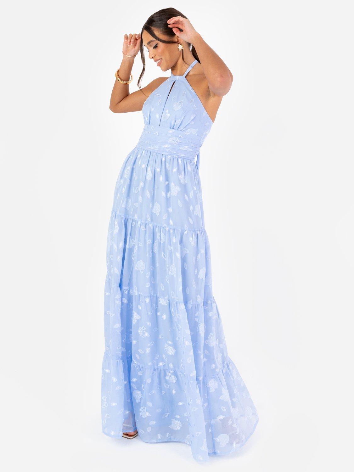 Product image 4 of 7, which shows Maya Deluxe Floral Halterneck Tiered Maxi Dress, Light Blue, 6