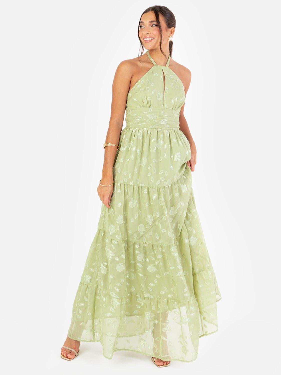 Maya Sage Green Maxi Dress with Ruffle Shoulder Detail
