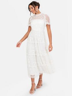 Maya Deluxe Floral Embroidered High Neck Tiered Wedding Dress, White, White