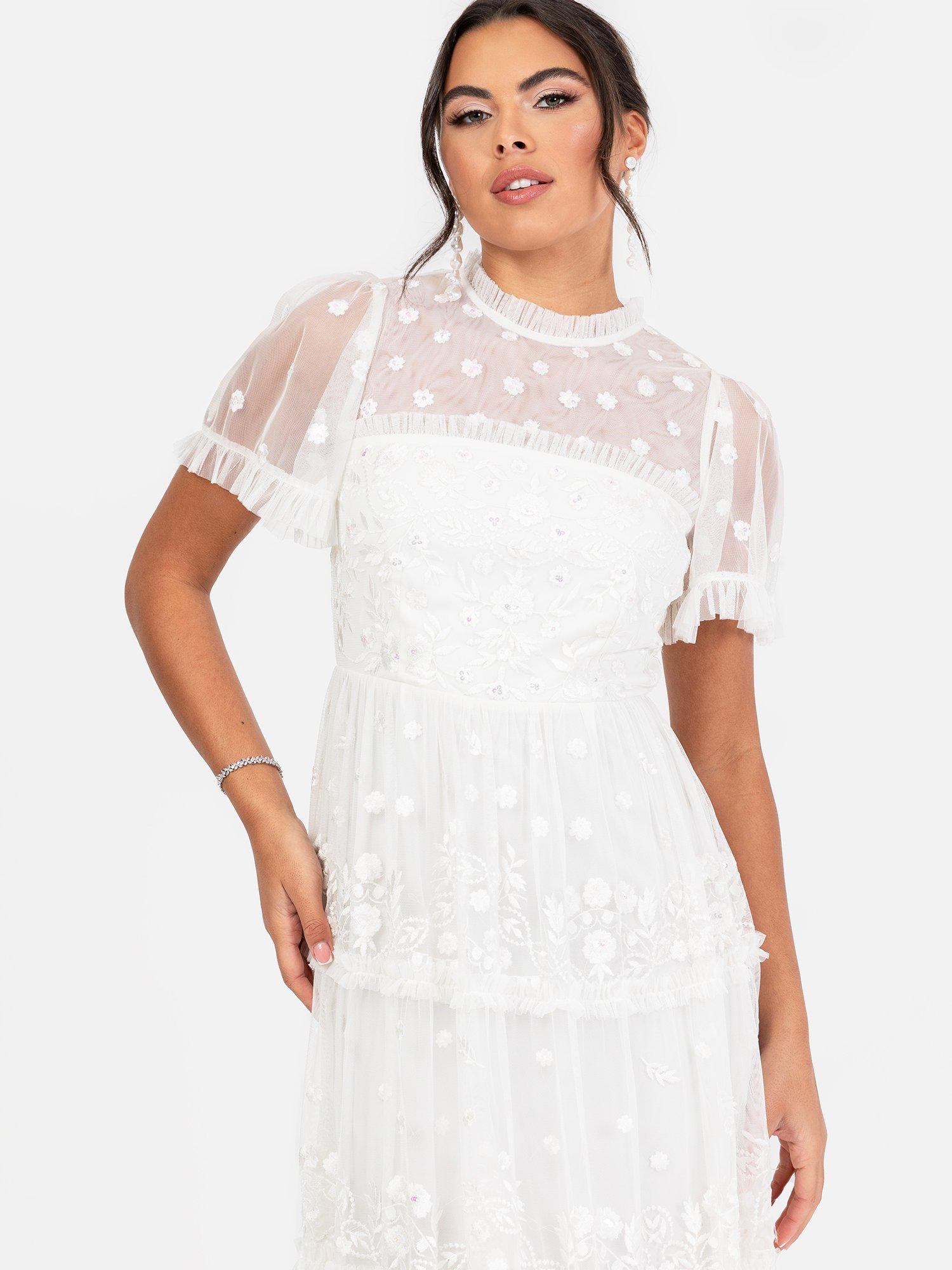 Product image 2 of 5, which shows Maya Deluxe Floral Embroidered High Neck Tiered Wedding Dress, White, 6