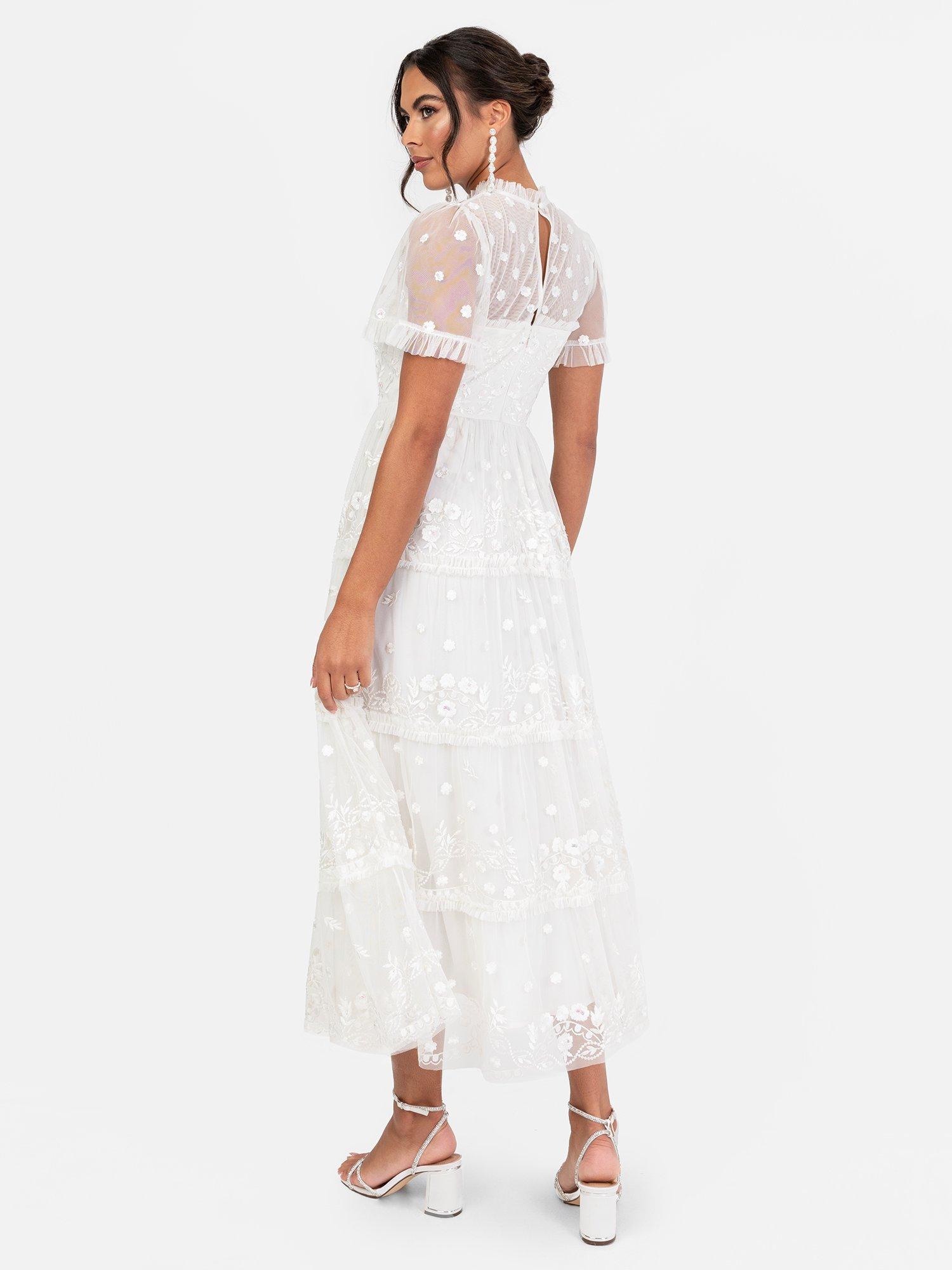 Product image 3 of 5, which shows Maya Deluxe Floral Embroidered High Neck Tiered Wedding Dress, White, 6