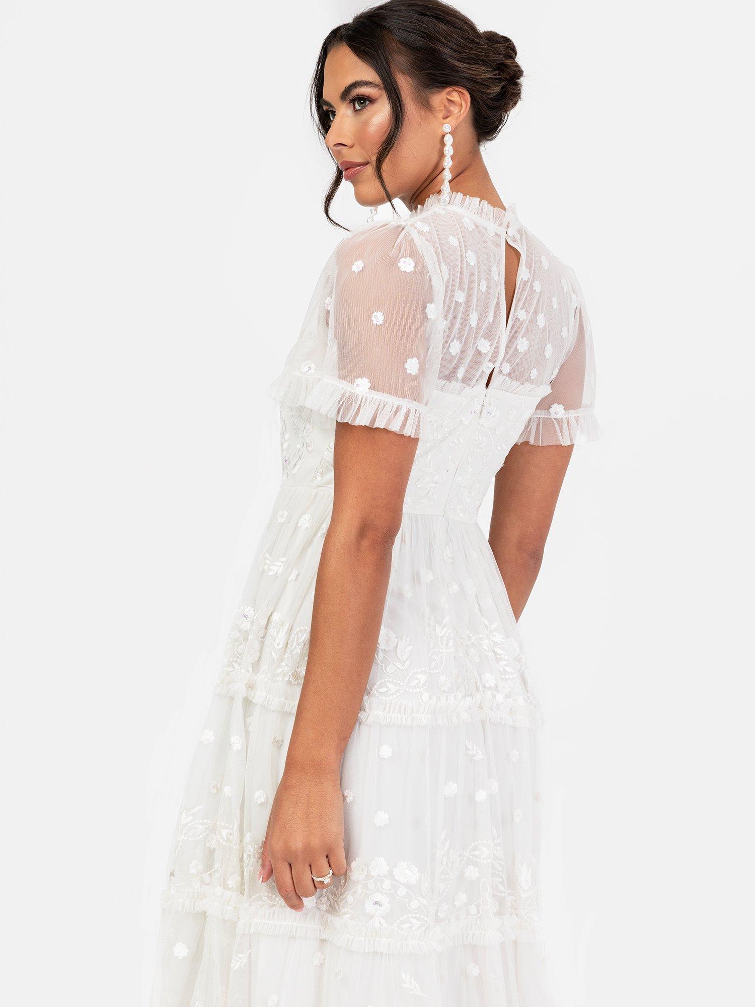 Product image 5 of 5, which shows Maya Deluxe Floral Embroidered High Neck Tiered Wedding Dress, White, 6