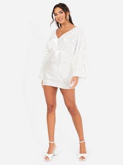 Maya Deluxe Sequin Cape Sleeve Open Back Mini Dress, White, White