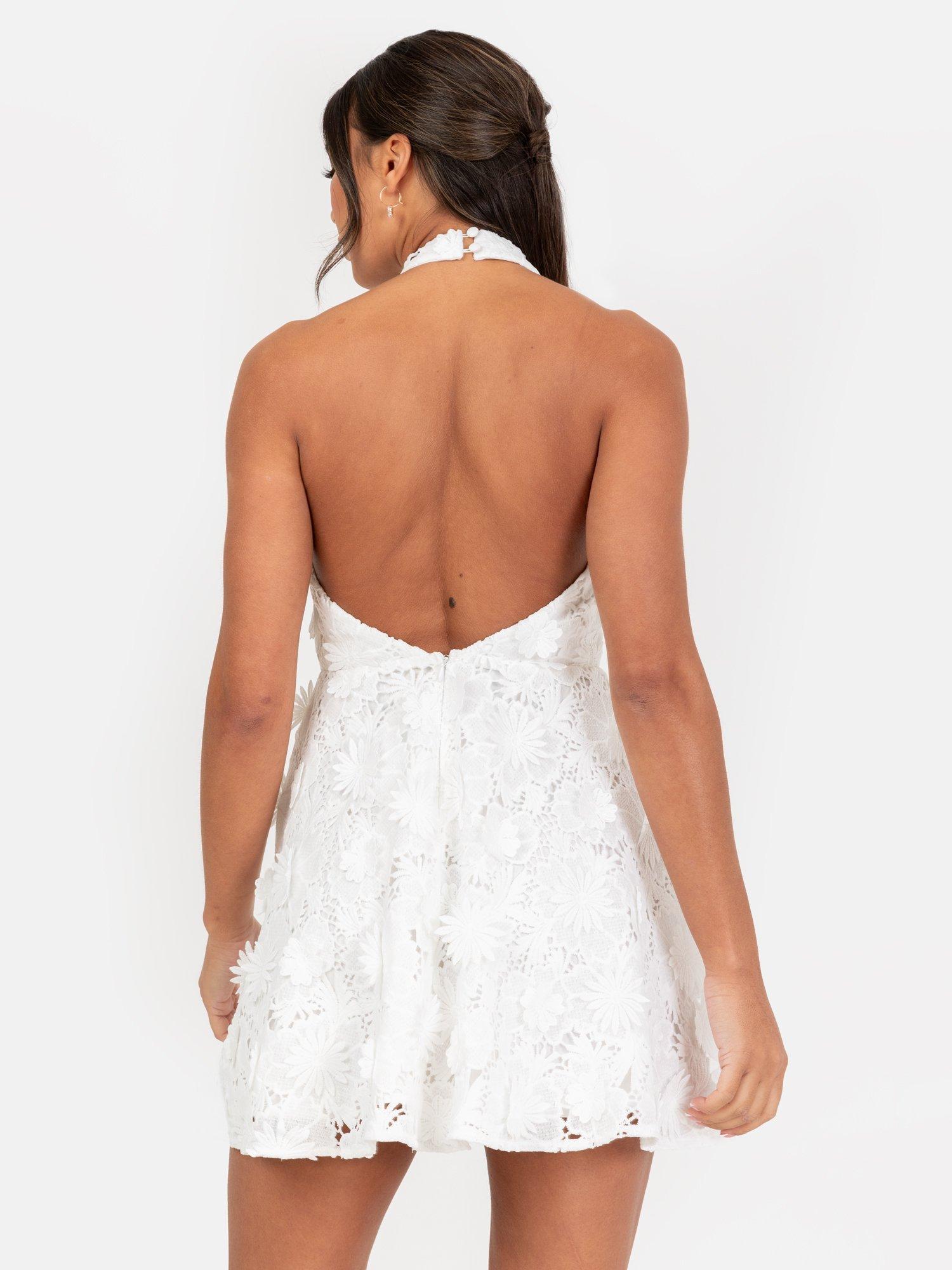 Product image 5 of 8, which shows Maya Deluxe 3D Floral Lace Halterneck Mini Dress, White, 6