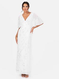 Maya Deluxe Beaded Wrap Cape Sleeve Wedding Dress, White, White