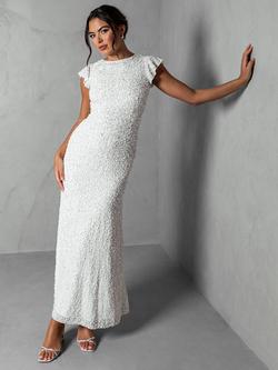 Maya Deluxe Sequin Ruffle Sleeve Maxi Wedding Dress, White, White