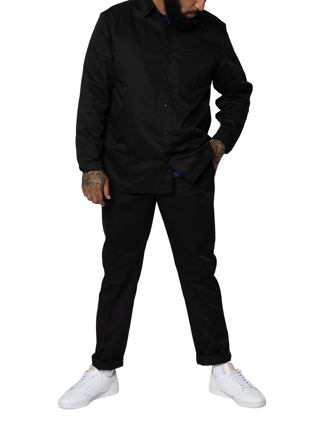 Product image 1 of 6, which shows M.C.Overalls Polycotton Relaxed Snap Button Shirt, Black, XS