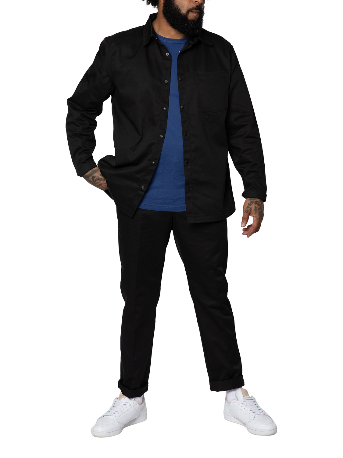 Product image 2 of 6, which shows M.C.Overalls Polycotton Relaxed Snap Button Shirt, Black, XS