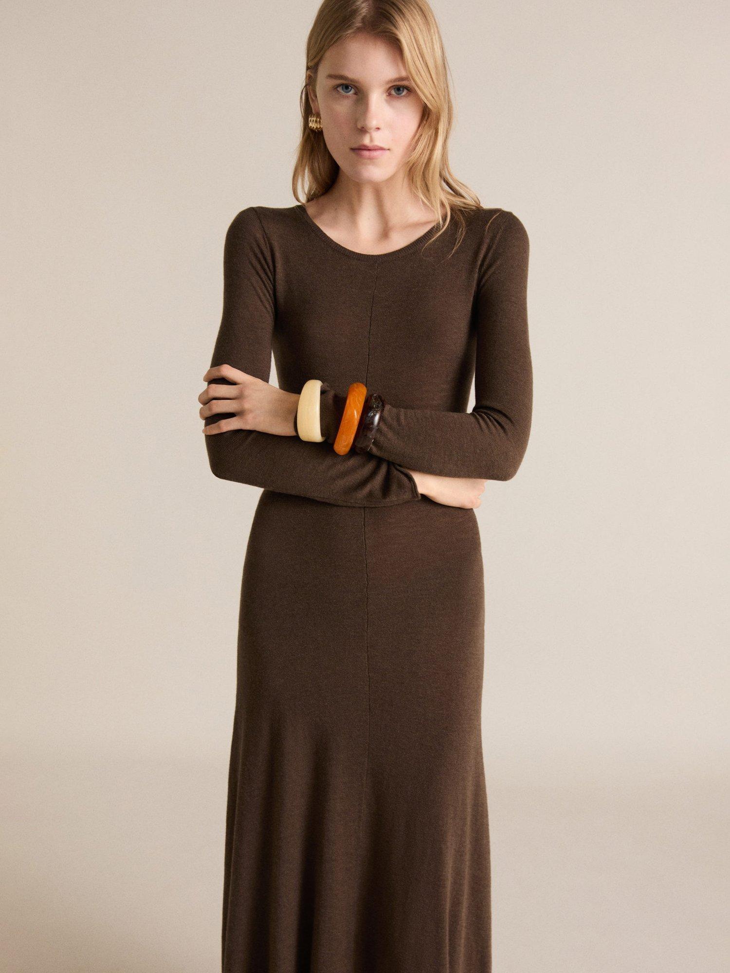 Product image 1 of 7, which shows Mango Demure Asymmetric Knit Dress, Dark Brown, 10