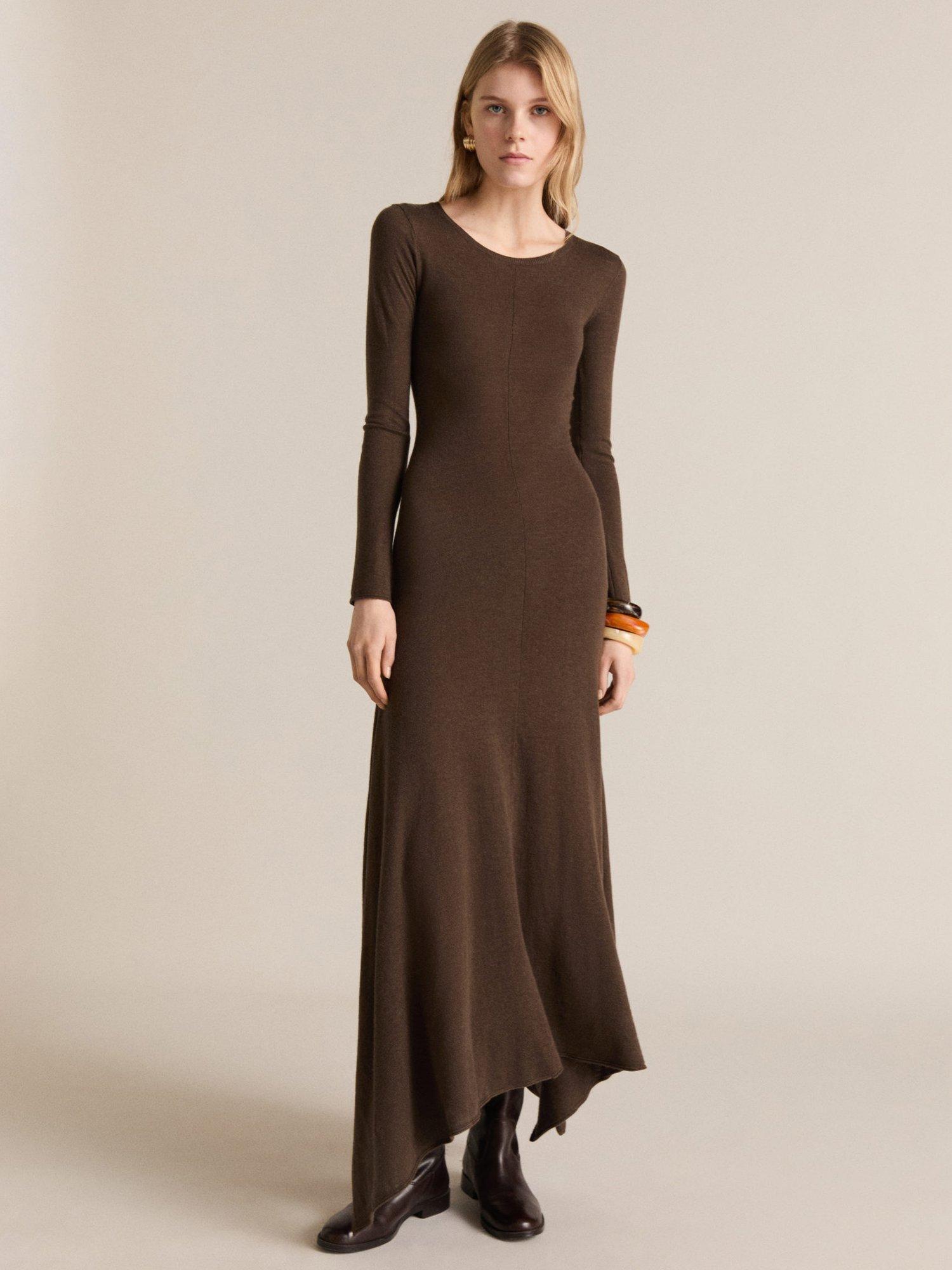 Product image 2 of 7, which shows Mango Demure Asymmetric Knit Dress, Dark Brown, 10