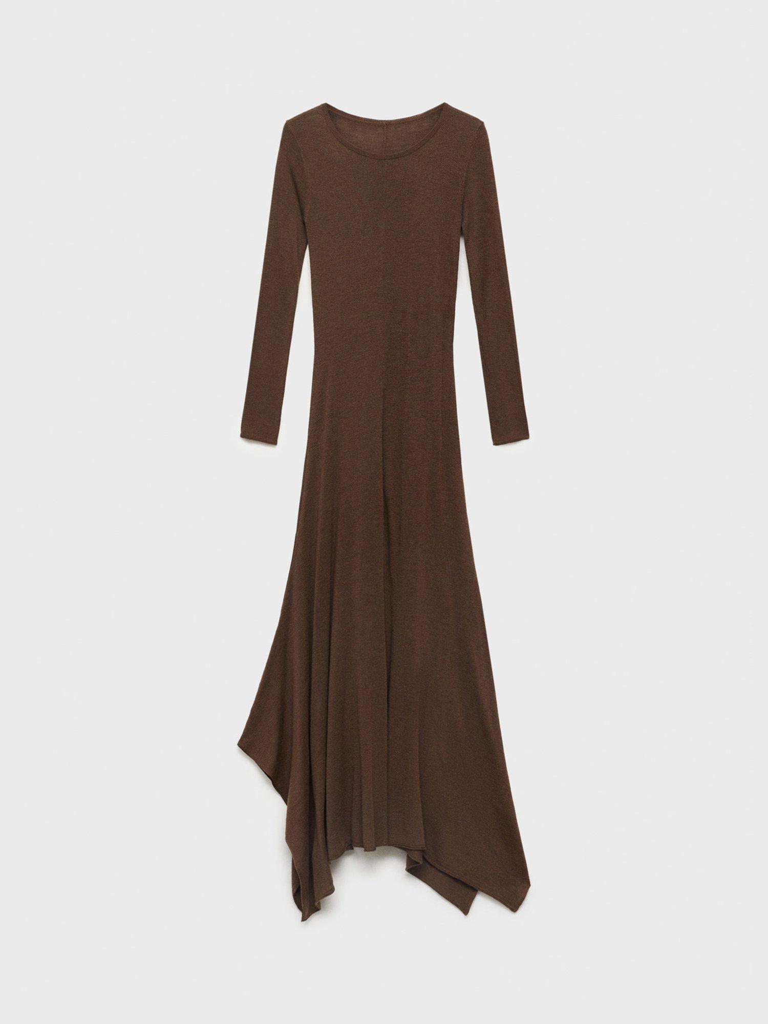 Product image 3 of 7, which shows Mango Demure Asymmetric Knit Dress, Dark Brown, 10