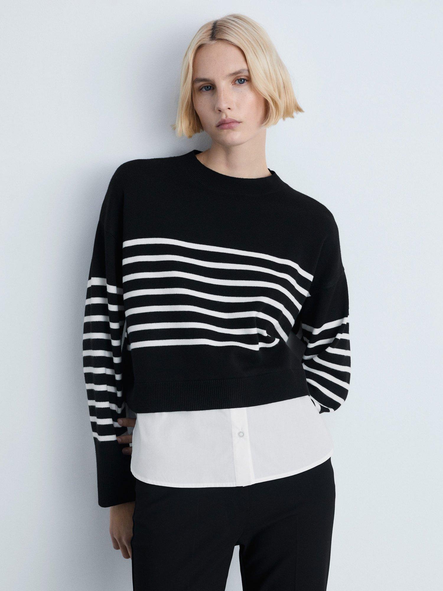 Product image 1 of 7, which shows Mango Garance Stripe Shirt Hem Jumper, Black/White, L