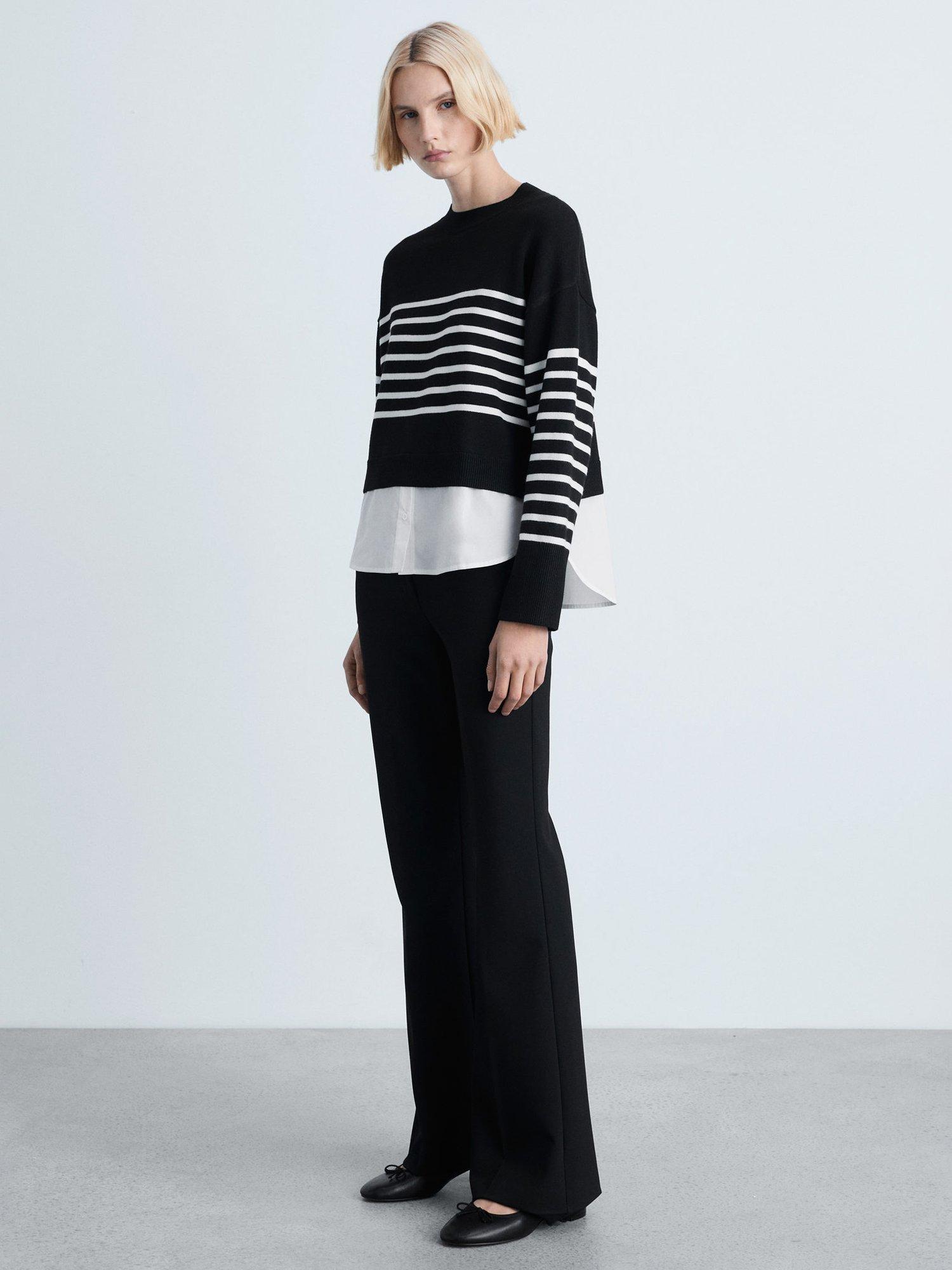 Product image 2 of 7, which shows Mango Garance Stripe Shirt Hem Jumper, Black/White, L