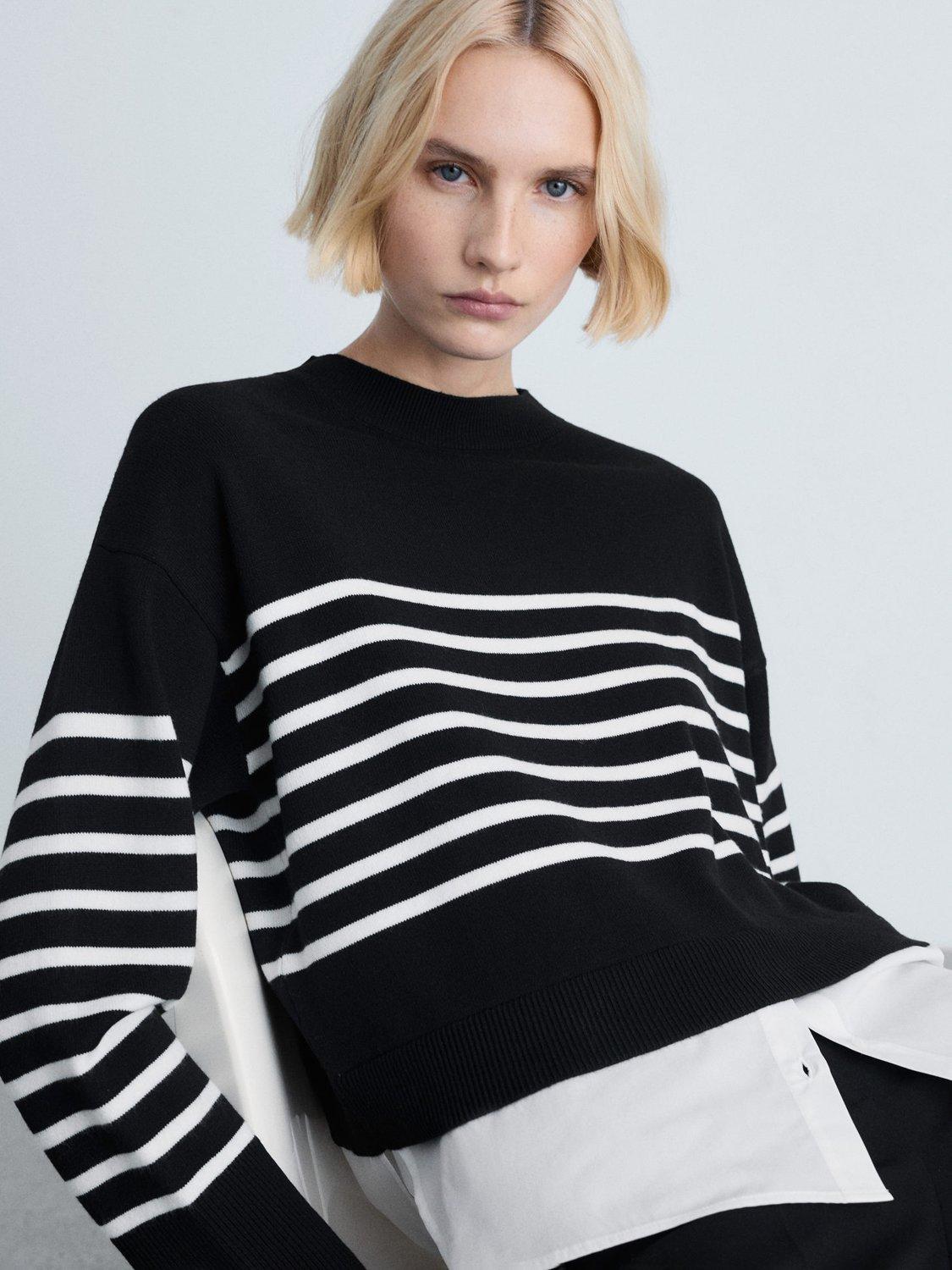Product image 6 of 7, which shows Mango Garance Stripe Shirt Hem Jumper, Black/White, L