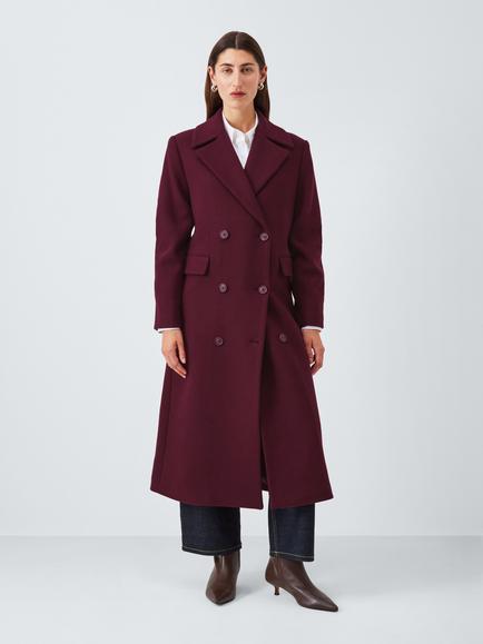 John Lewis Double Breasted Wool Blend Coat - view 2, Burgundy