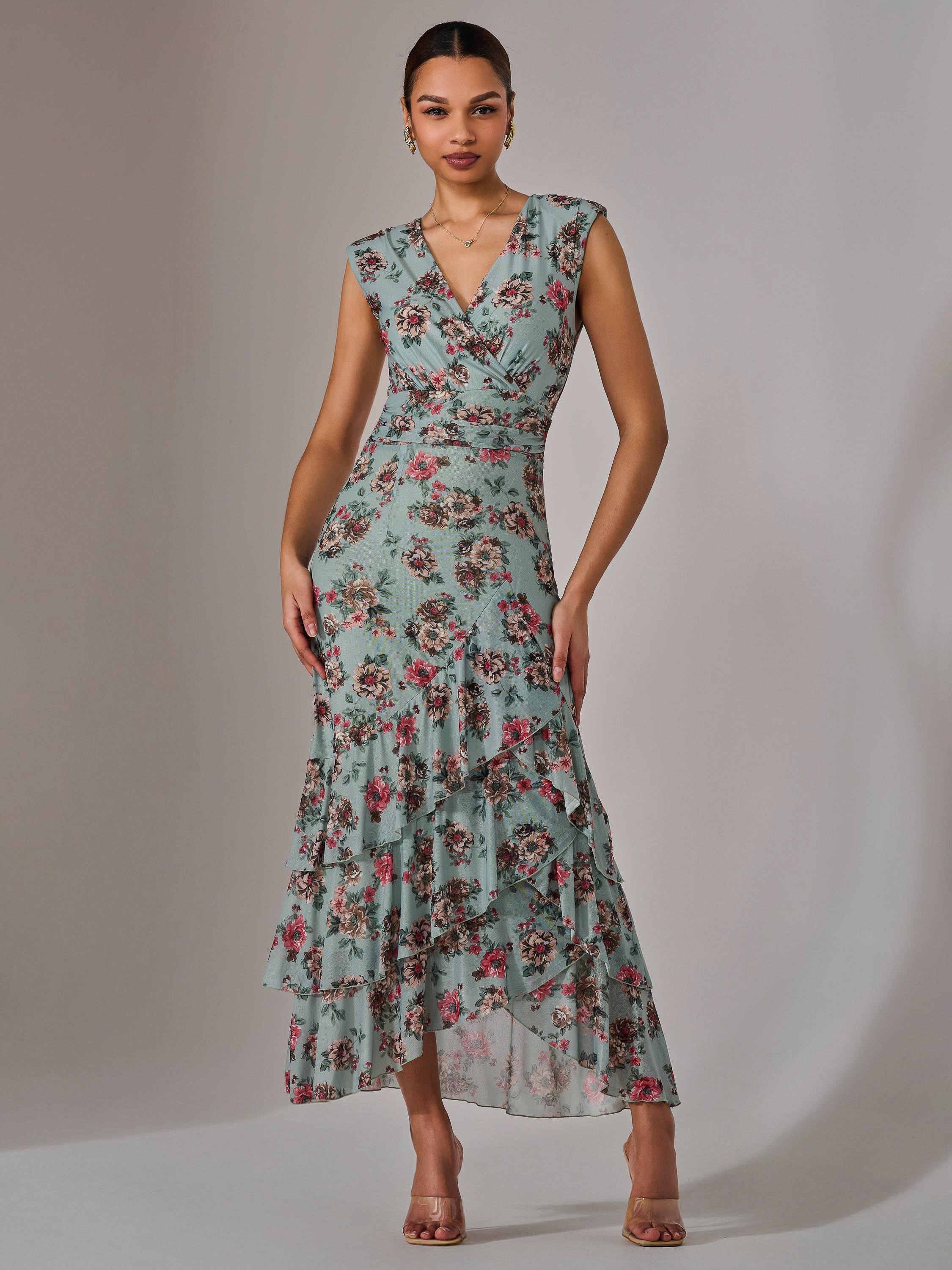 Product image 1 of 7, which shows Jolie Moi Floral Ruffle Midi Dress, Green/Multi, 8