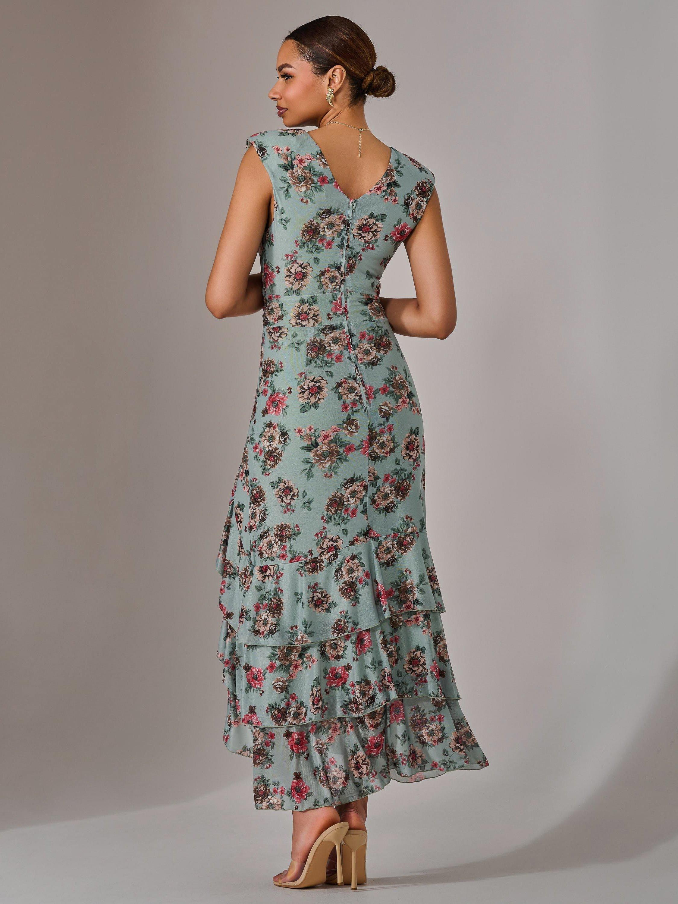 Product image 2 of 7, which shows Jolie Moi Floral Ruffle Midi Dress, Green/Multi, 8