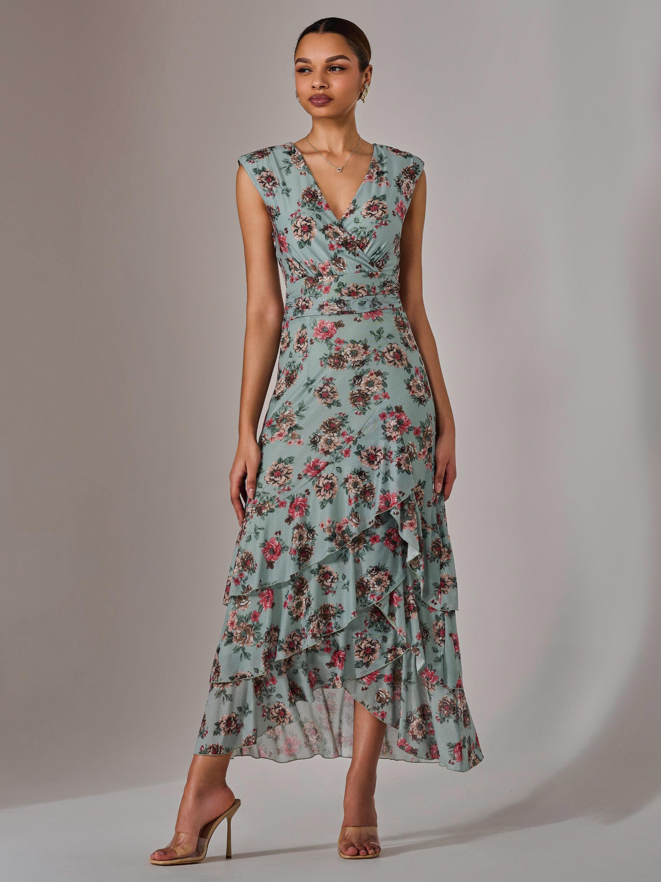 Product image 4 of 7, which shows Jolie Moi Floral Ruffle Midi Dress, Green/Multi, 8