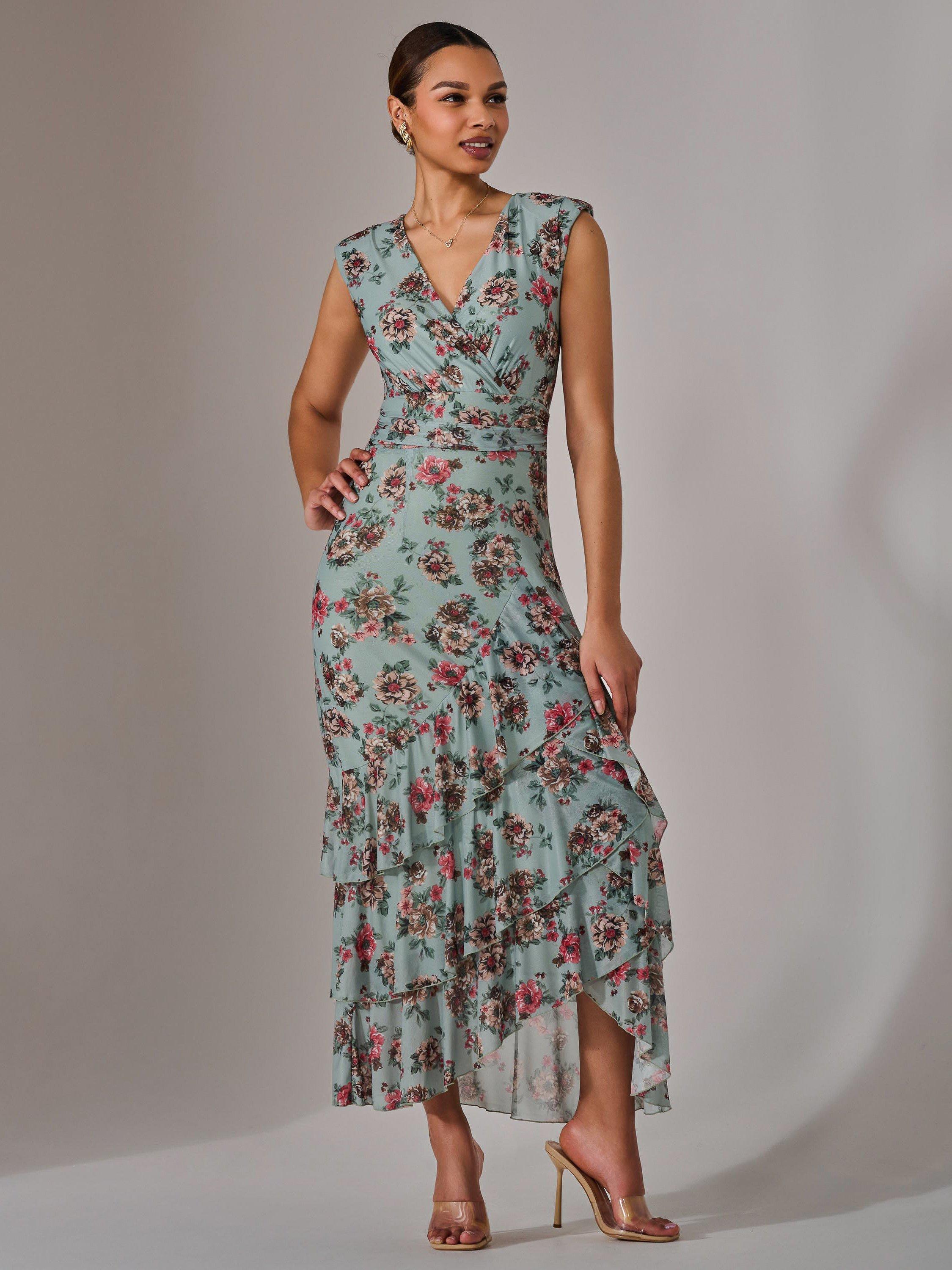 Product image 5 of 7, which shows Jolie Moi Floral Ruffle Midi Dress, Green/Multi, 8