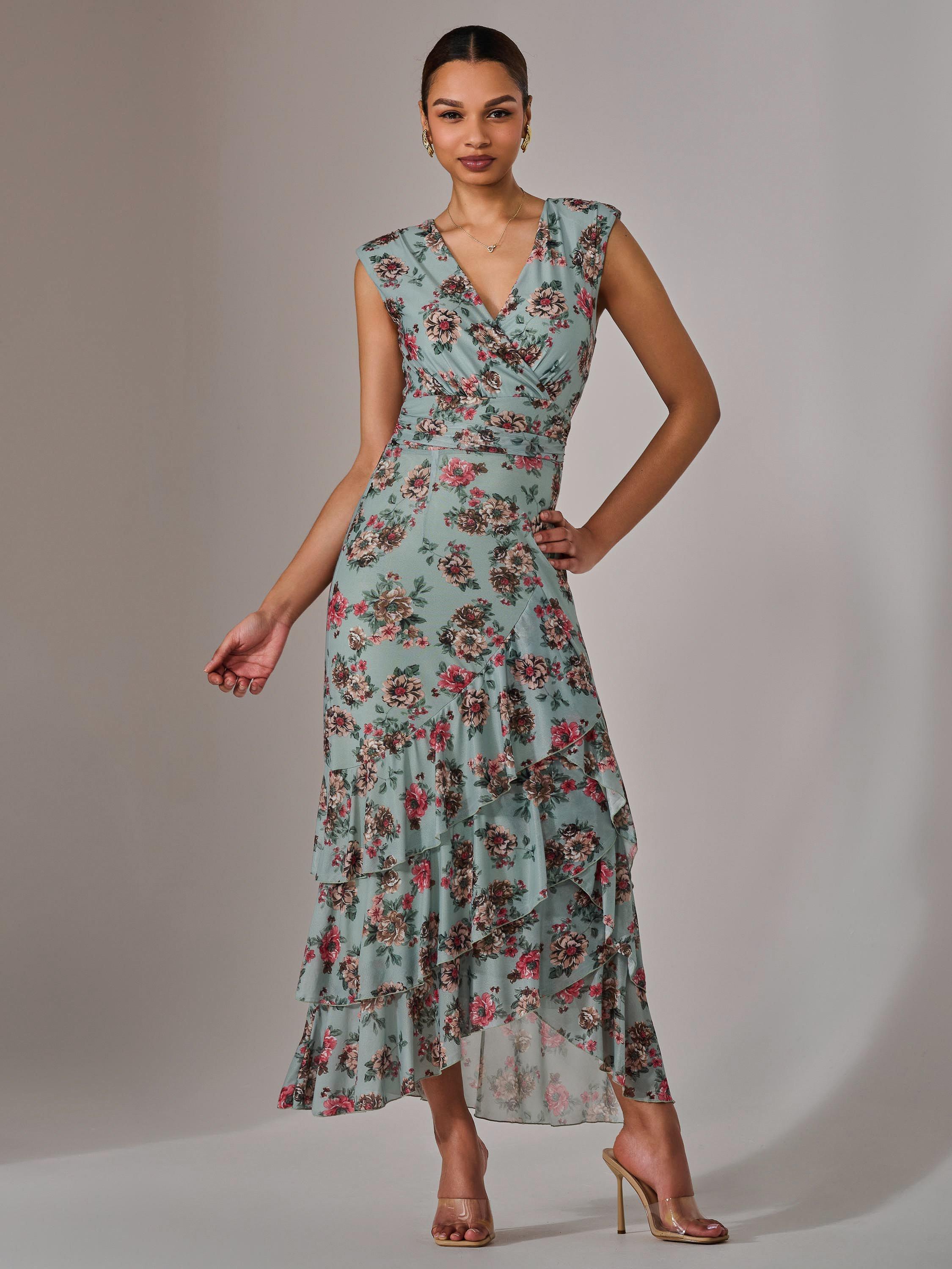 Product image 6 of 7, which shows Jolie Moi Floral Ruffle Midi Dress, Green/Multi, 8