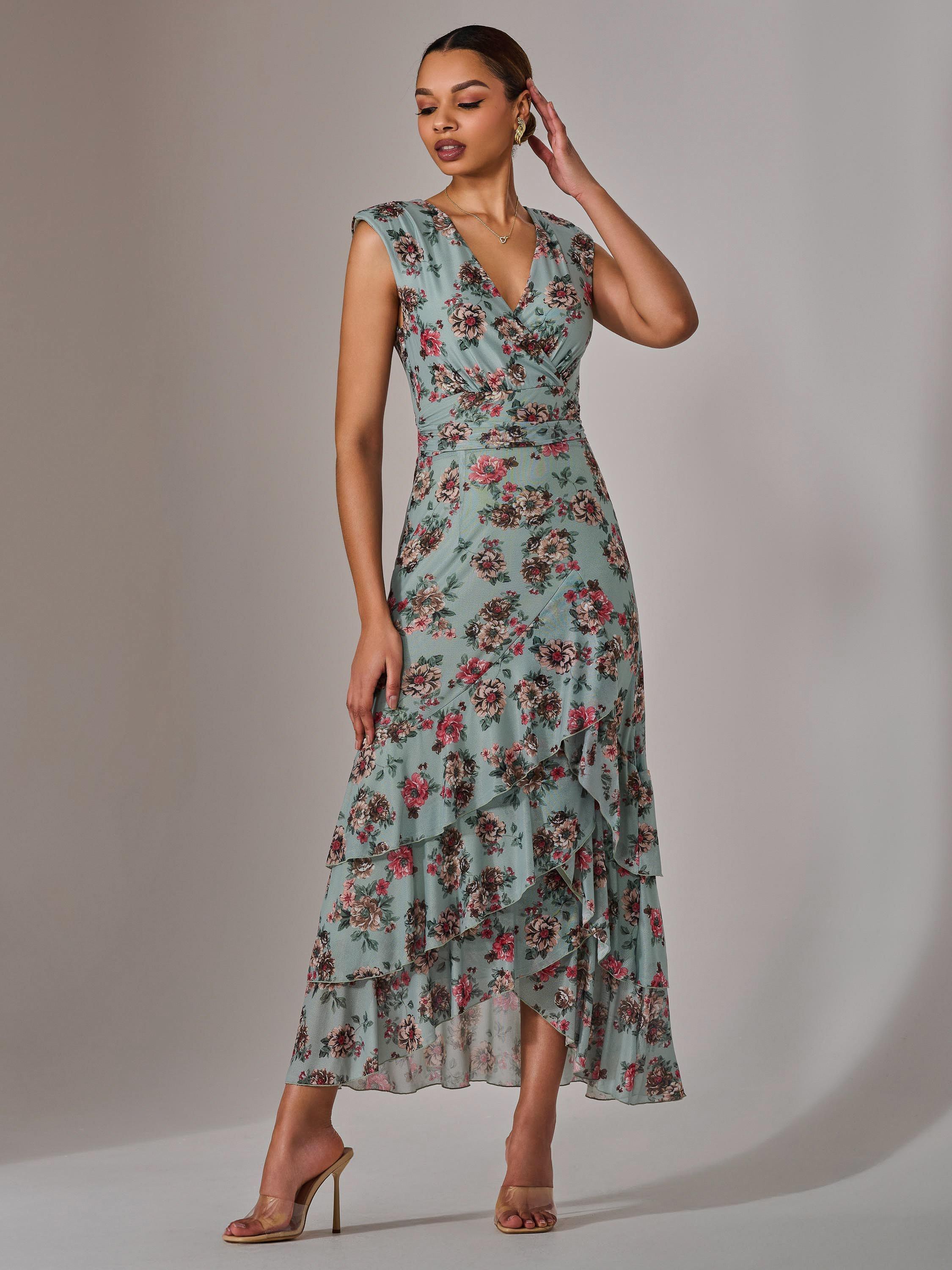 Product image 7 of 7, which shows Jolie Moi Floral Ruffle Midi Dress, Green/Multi, 8