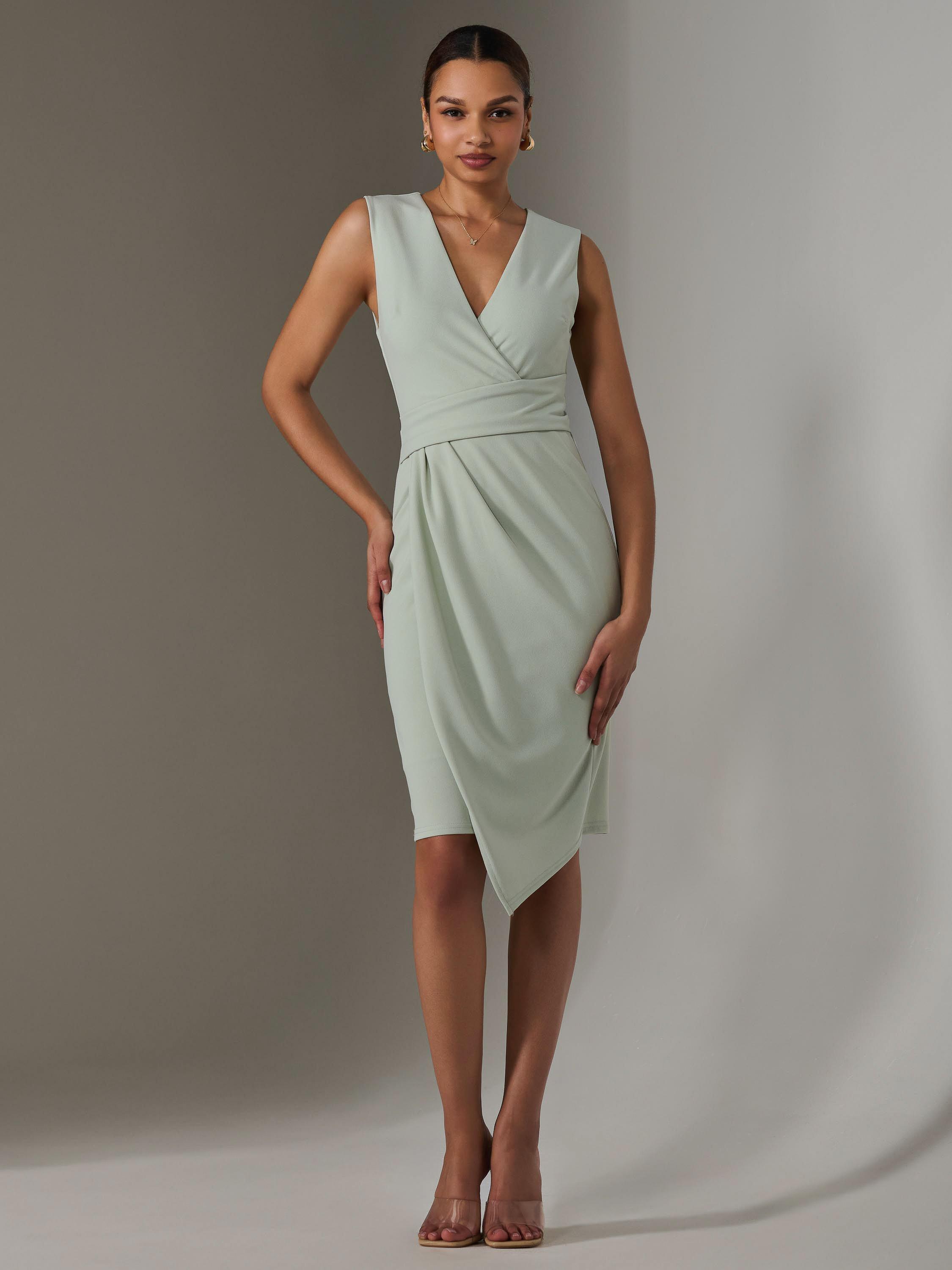 Product image 1 of 7, which shows Jolie Moi Wrap Asymmetric Hem Dress, Light Green, 8