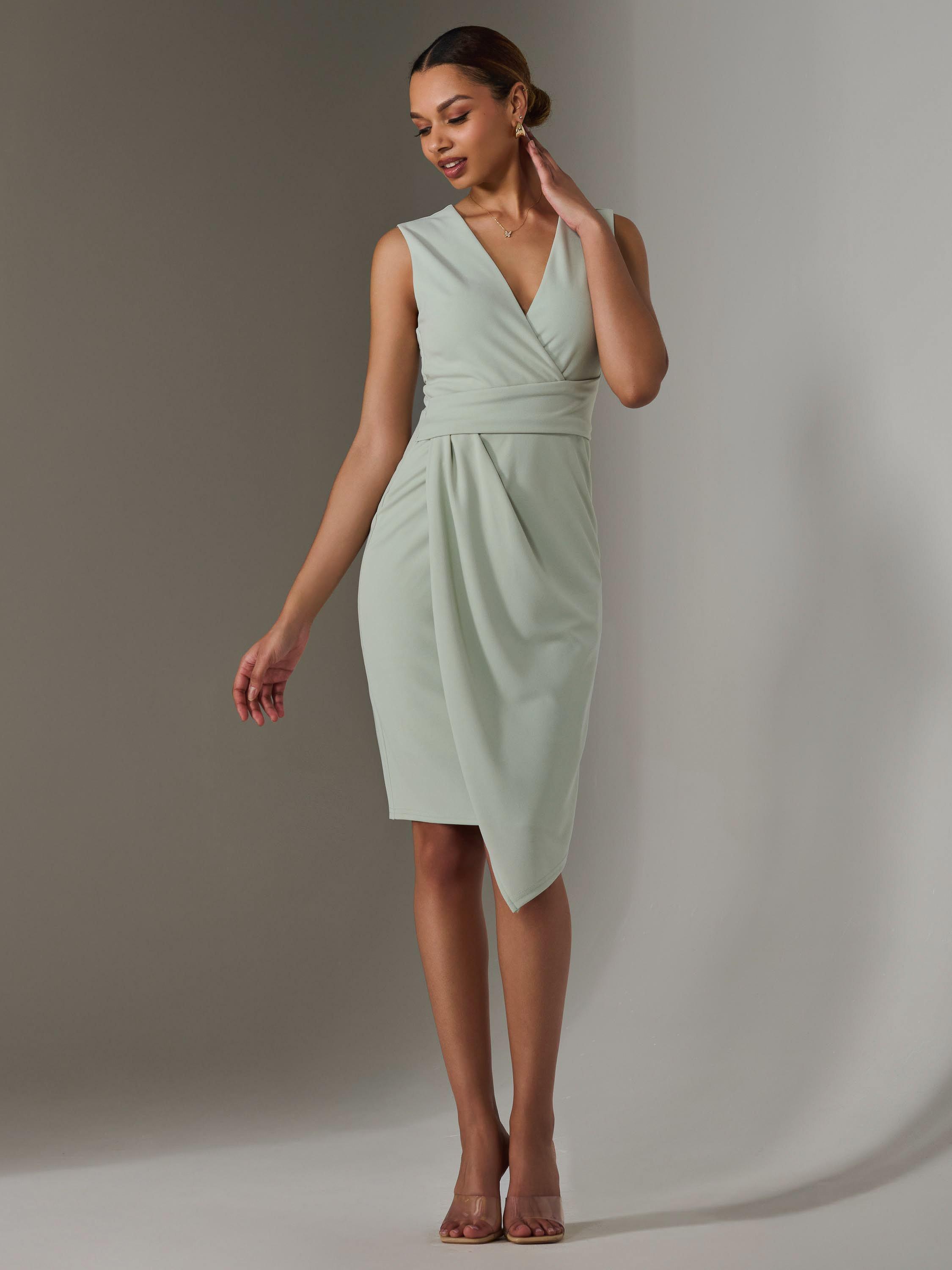 Product image 5 of 7, which shows Jolie Moi Wrap Asymmetric Hem Dress, Light Green, 8