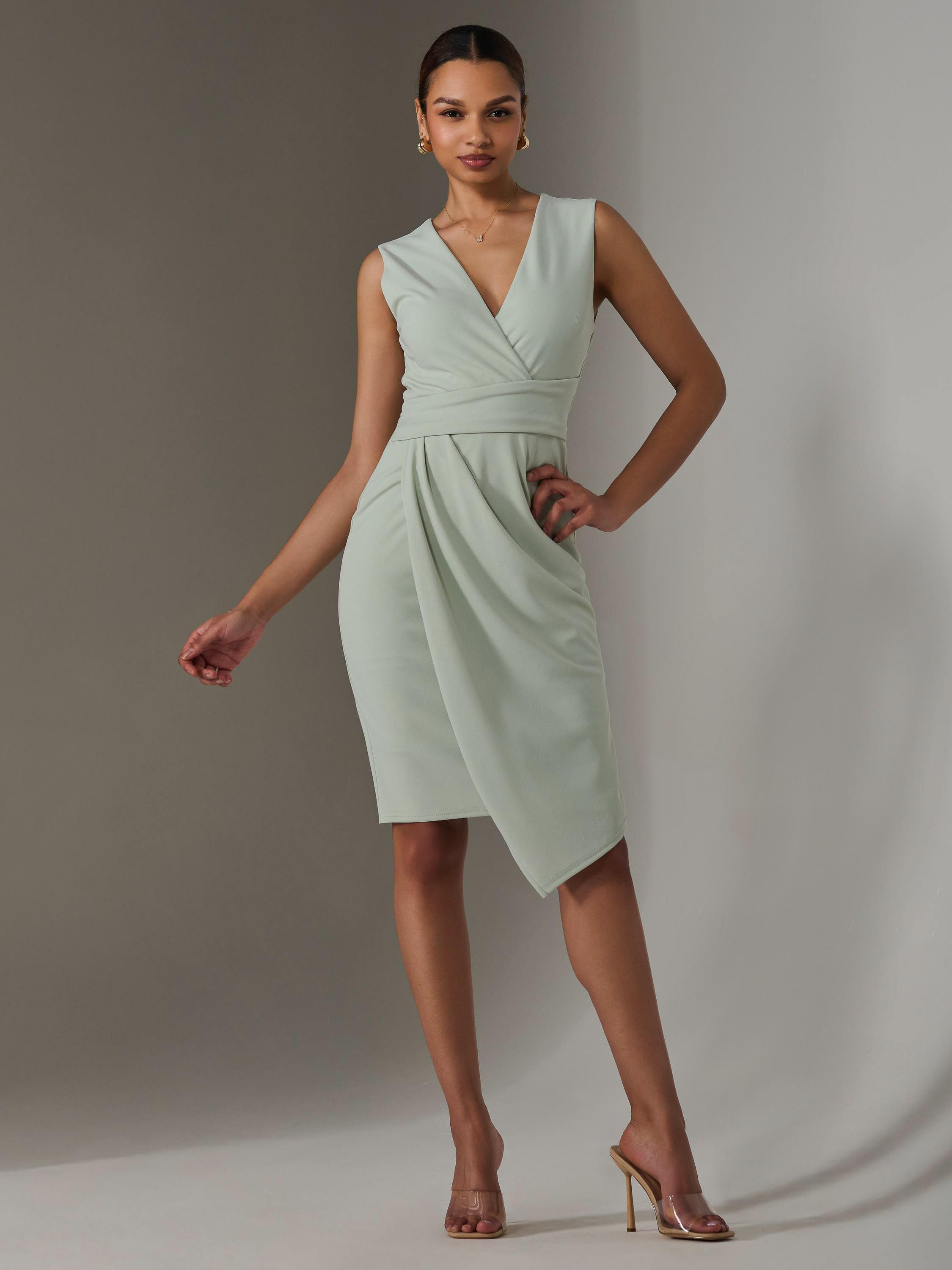 Product image 6 of 7, which shows Jolie Moi Wrap Asymmetric Hem Dress, Light Green, 8