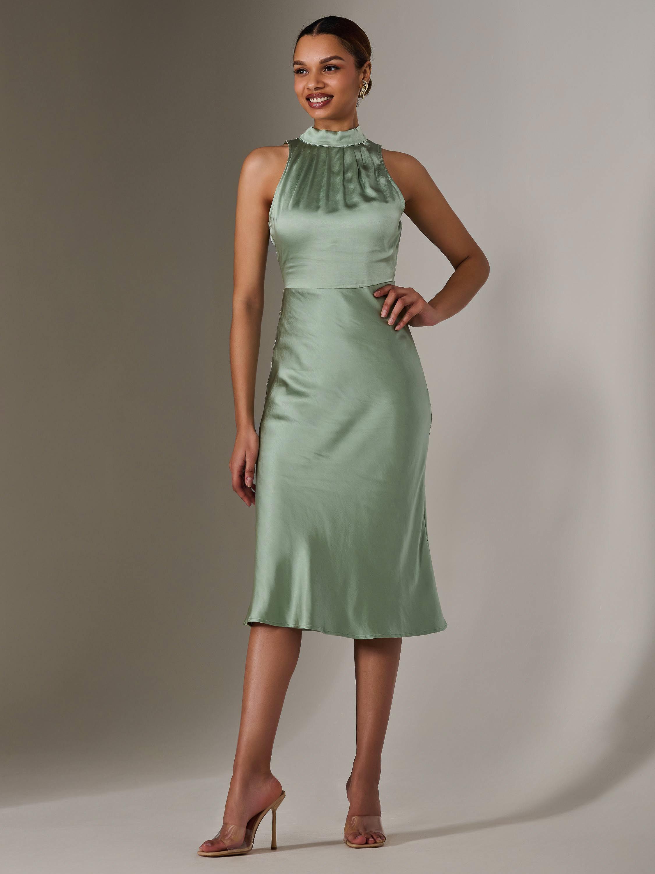 Jolie Moi Tie Neck Satin Midi Dress, Navy