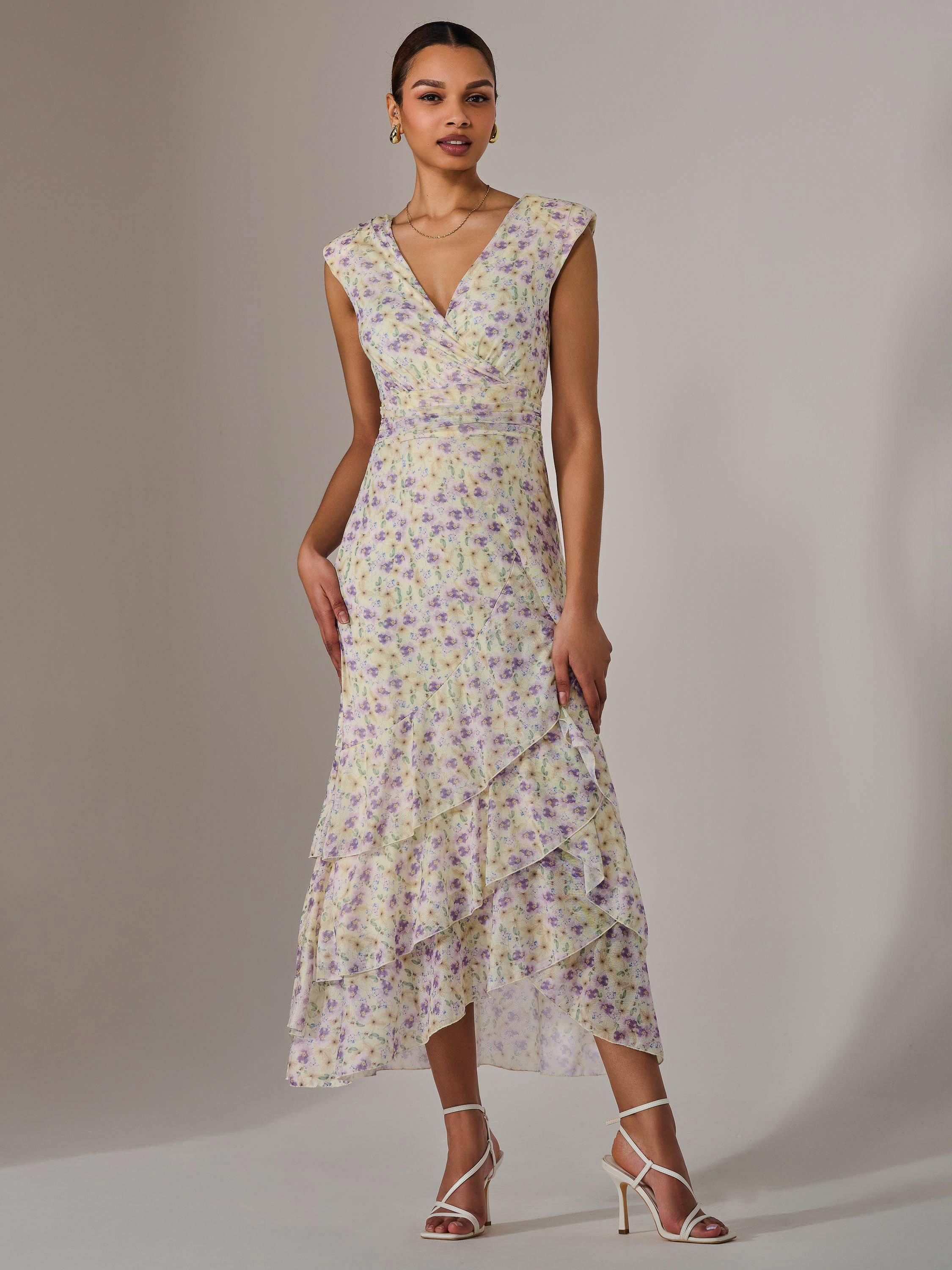 Product image 4 of 7, which shows Jolie Moi Floral Ruffle Midi Dress, Purple/Multi, 8