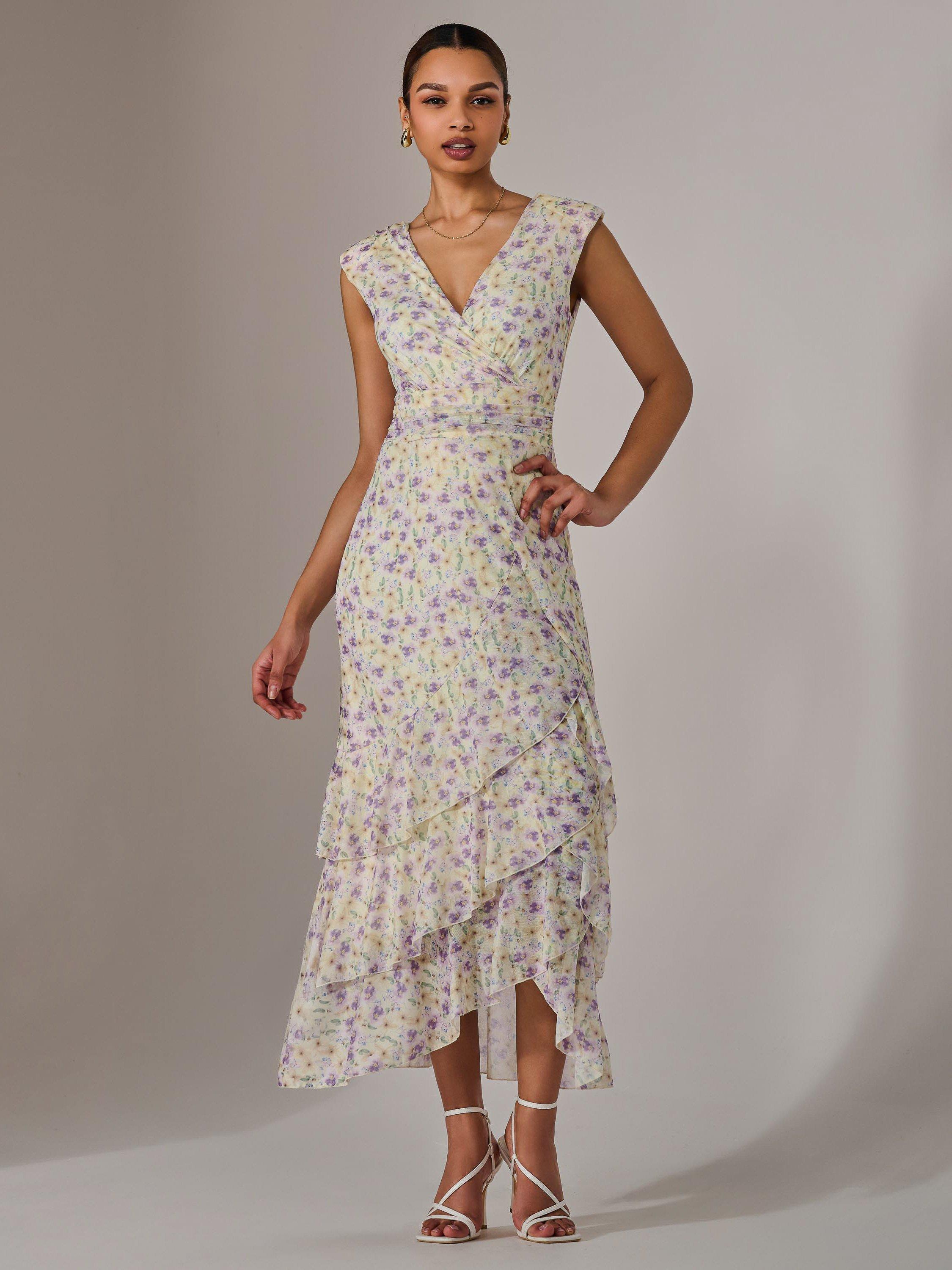 Product image 6 of 7, which shows Jolie Moi Floral Ruffle Midi Dress, Purple/Multi, 8