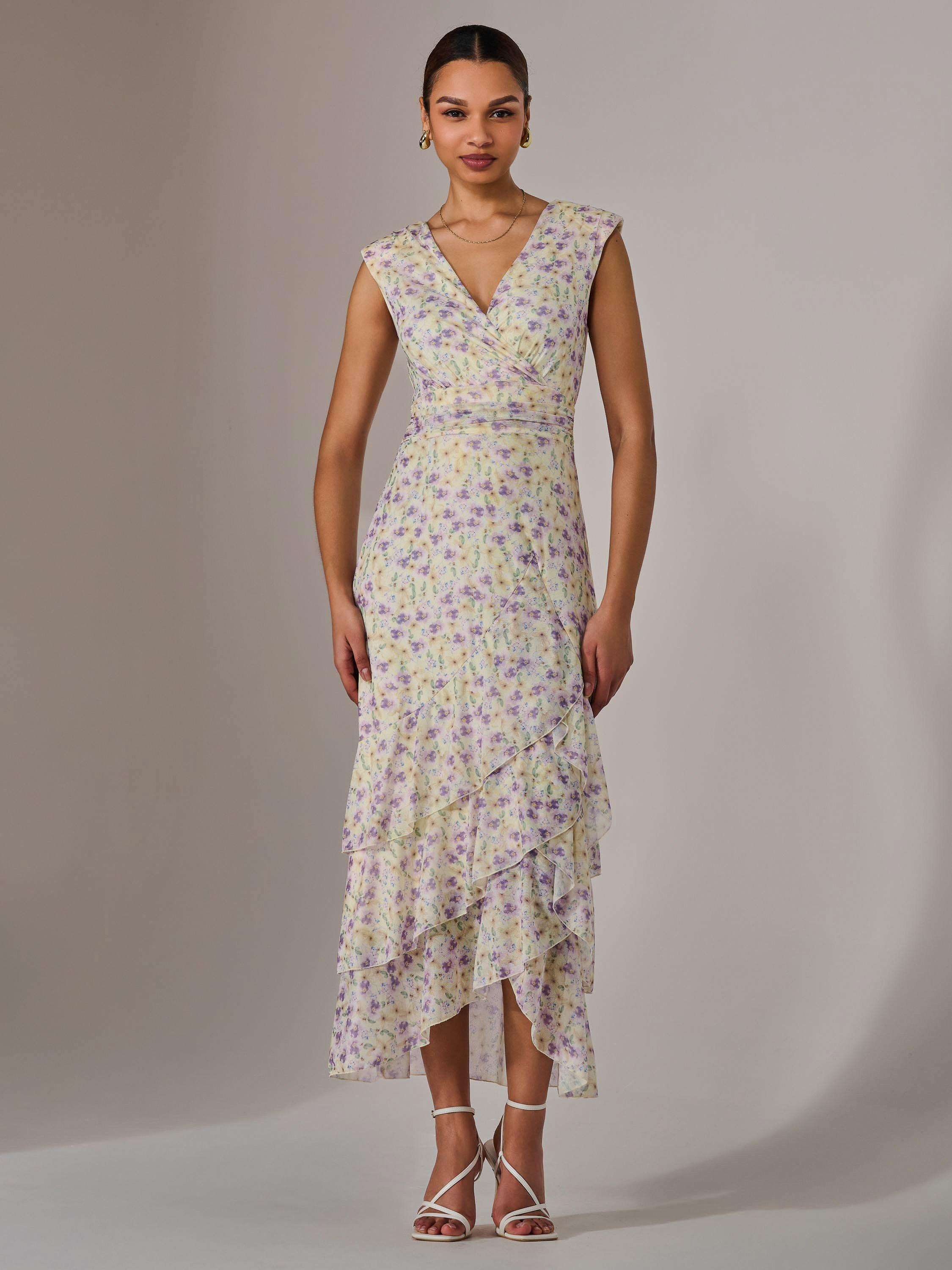 Product image 7 of 7, which shows Jolie Moi Floral Ruffle Midi Dress, Purple/Multi, 8