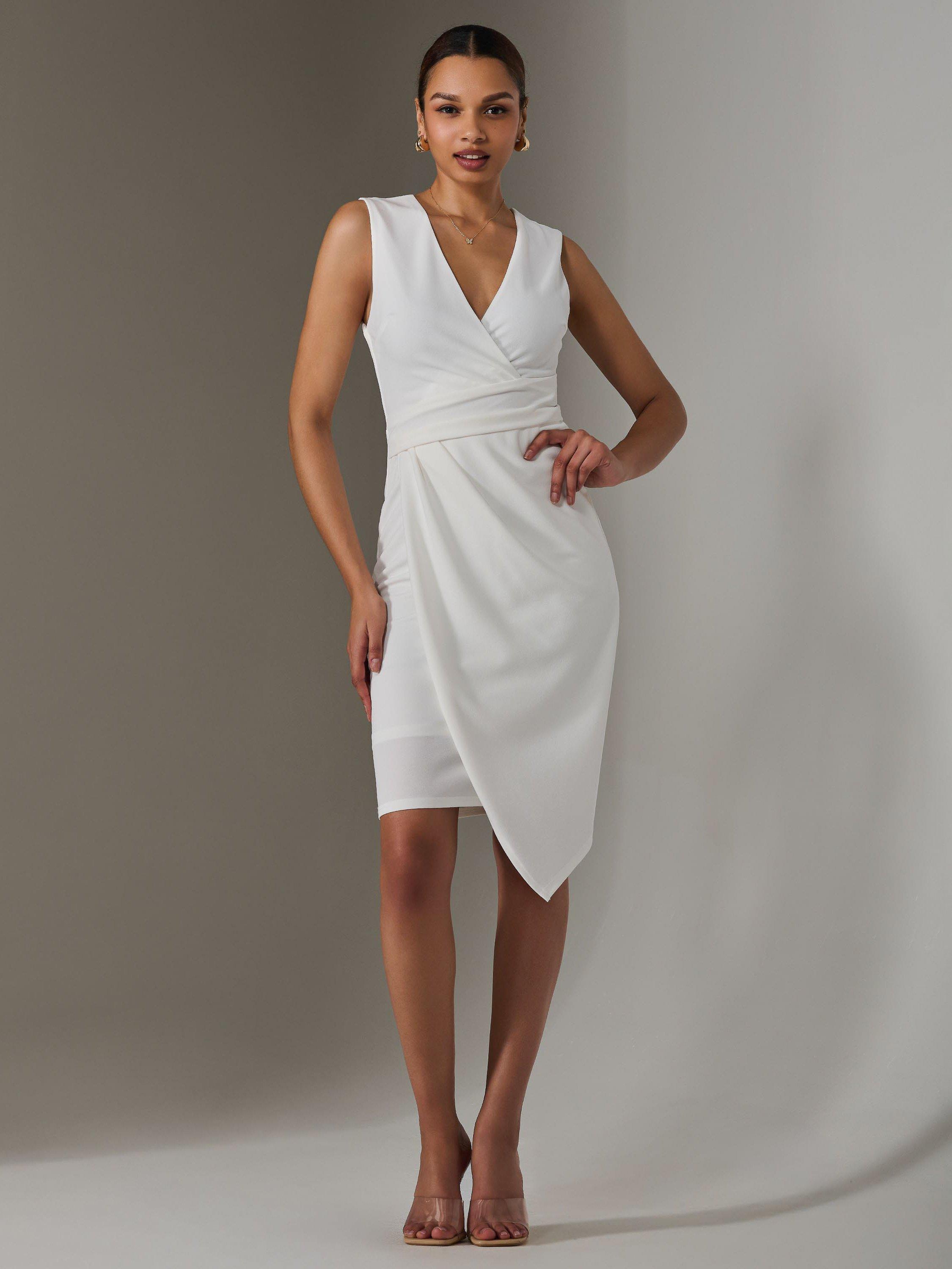 Product image 5 of 7, which shows Jolie Moi Wrap Asymmetric Hem Dress, White, 8
