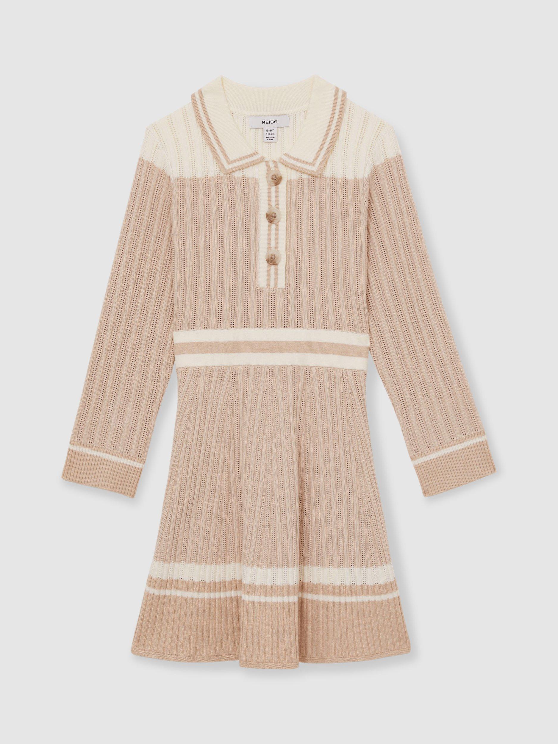 Product image 1 of 4, which shows Reiss Kids' Colette Colour Block Ribbed Flared Dress, Pale Pink, 4-5 years