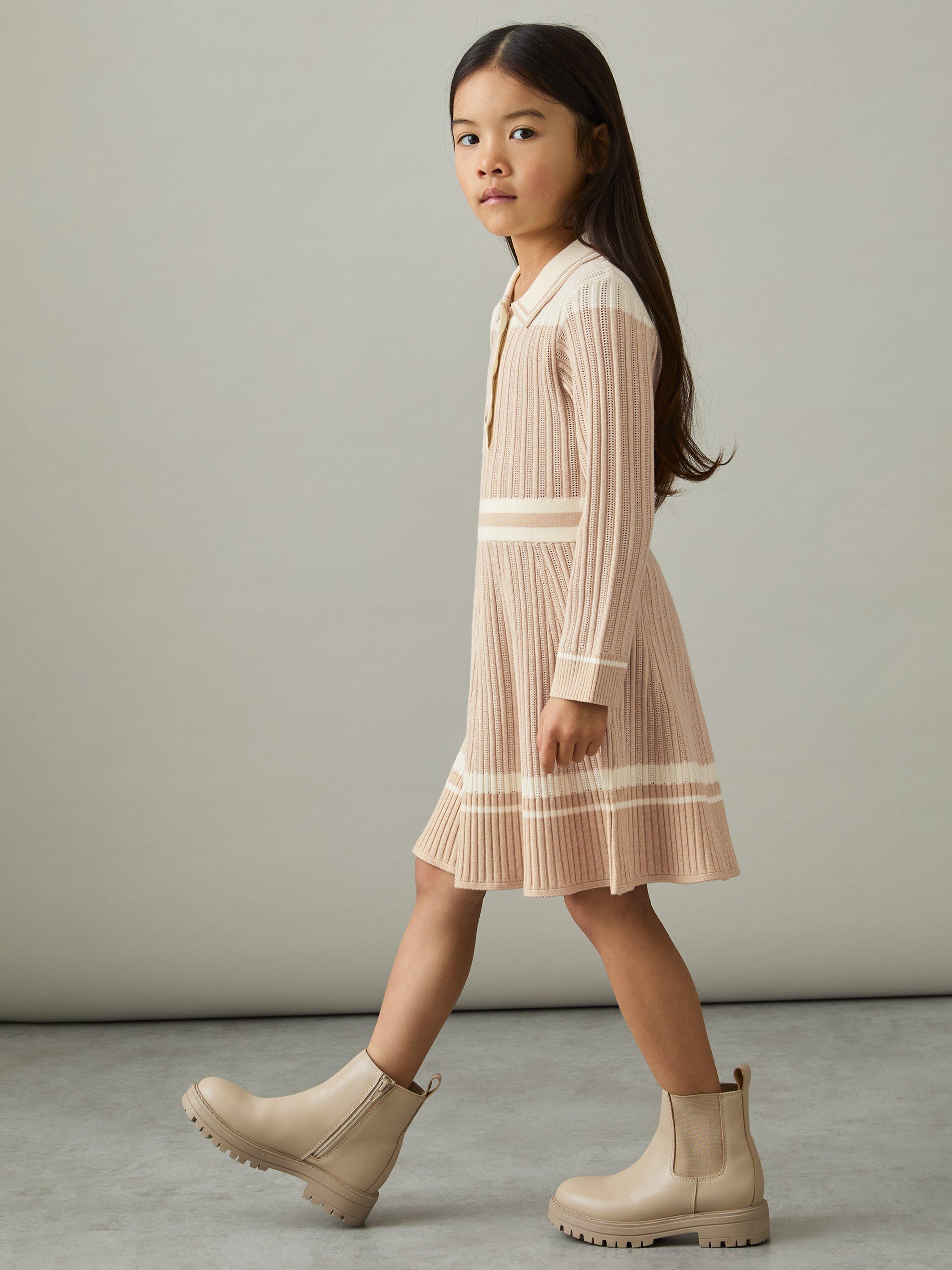Product image 3 of 4, which shows Reiss Kids' Colette Colour Block Ribbed Flared Dress, Pale Pink, 4-5 years