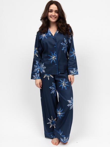 Cyberjammies Frosty Snowflake Long Pyjama Set, Navy, Navy