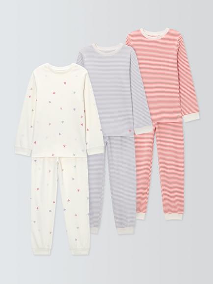 John Lewis Kids' Hearts and Stripes Pyjamas, Pack of 3, Multi, Multi