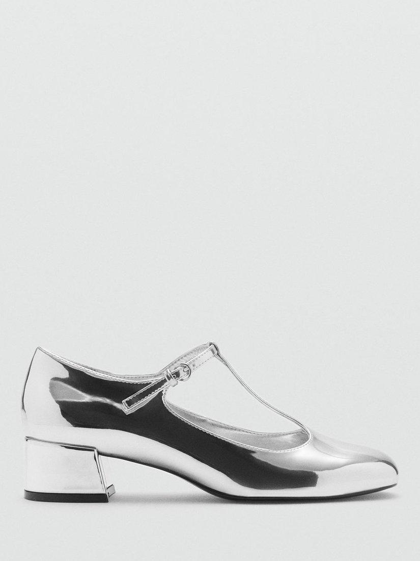 Mango Botua Metallic Block Heel Mary Jane Ballerina Pumps, Silver