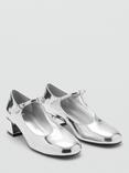 Mango Botua Metallic Block Heel Mary Jane Ballerina Pumps, Silver