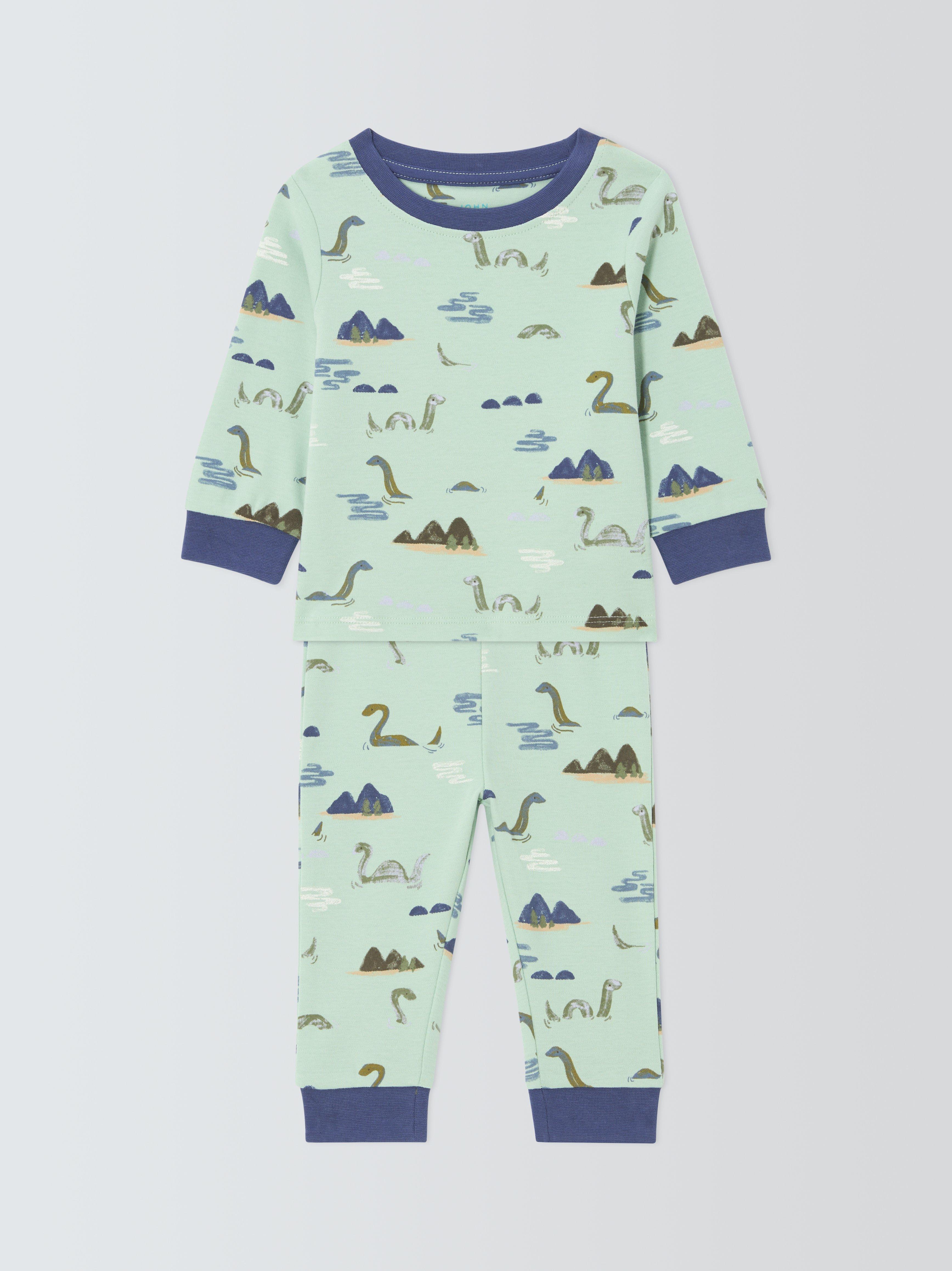 Product image 1 of 3, which shows John Lewis Baby Loch Ness Pyjamas, Green, 3-6 months