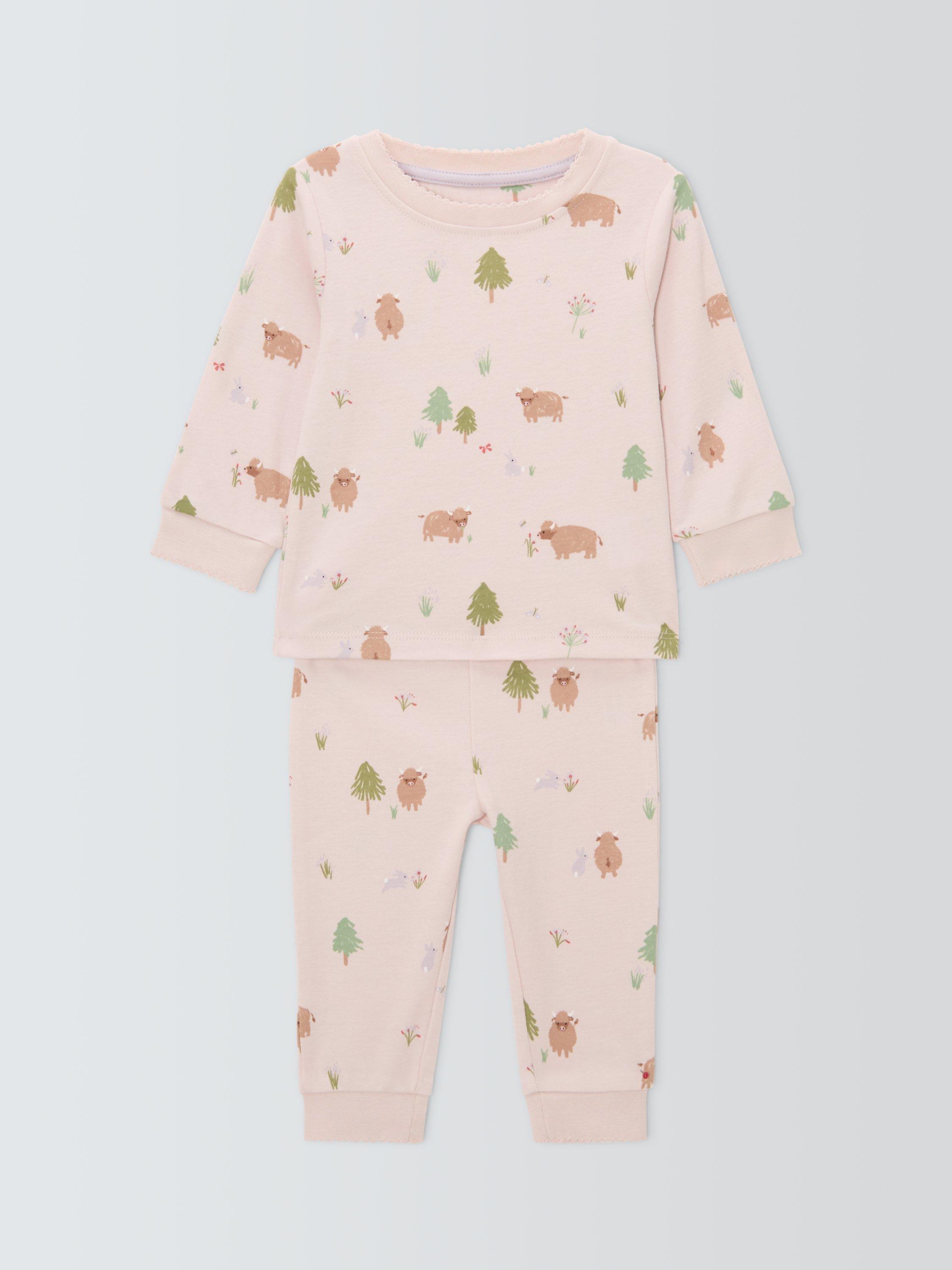 Product image 1 of 3, which shows John Lewis Baby Highland Cow Pyjamas, Pink, 12-18 months