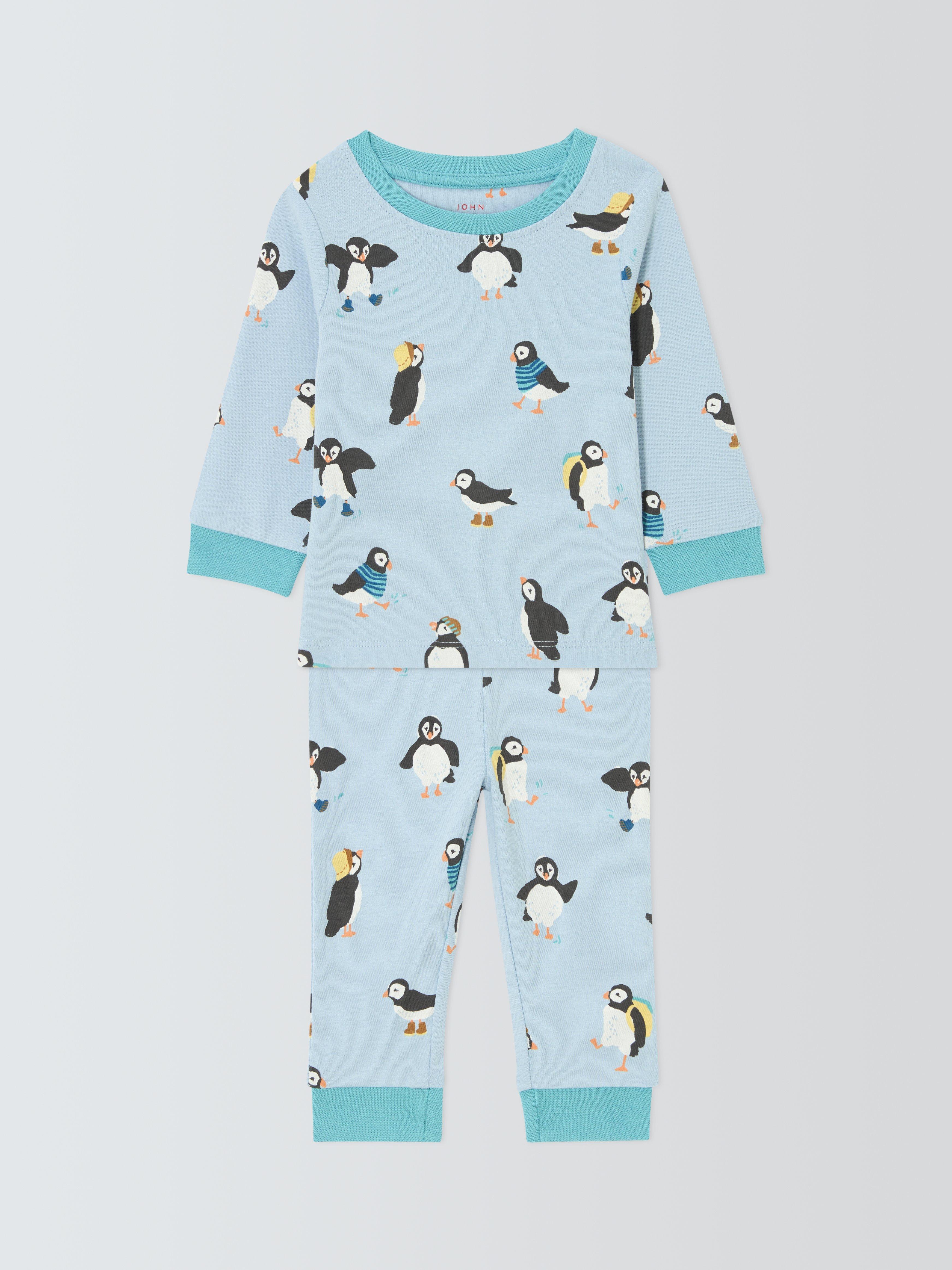 Product image 1 of 3, which shows John Lewis Baby Puffin Pyjamas, Blue, 3-6 months